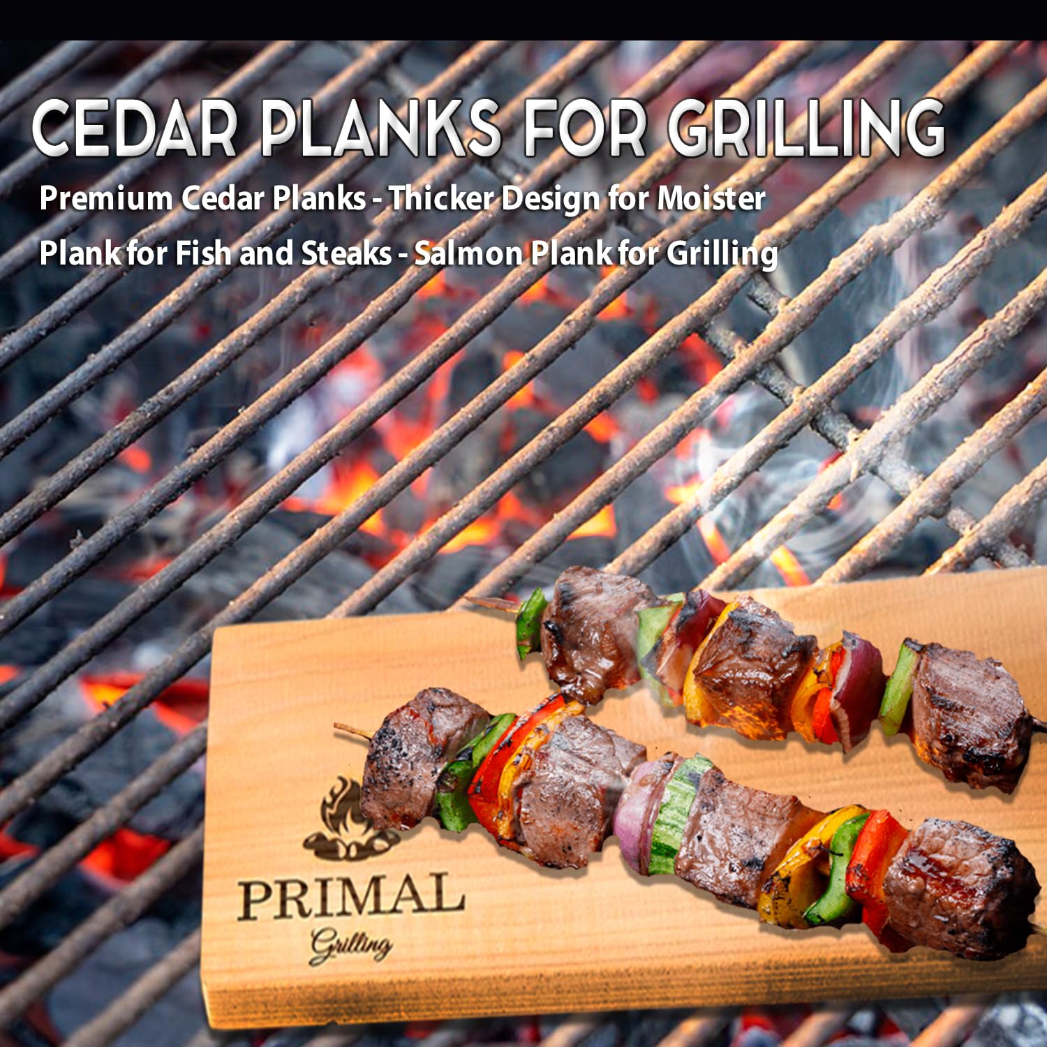 Primal Grilling Premium Cedar Planks - Cedar Planks for Grilling Salmon - Thicker Design for Moister - Wood Planks for Grilling with Free Recipe Card - Cedar Grilling Planks for Fish & Steaks (5 Pack)