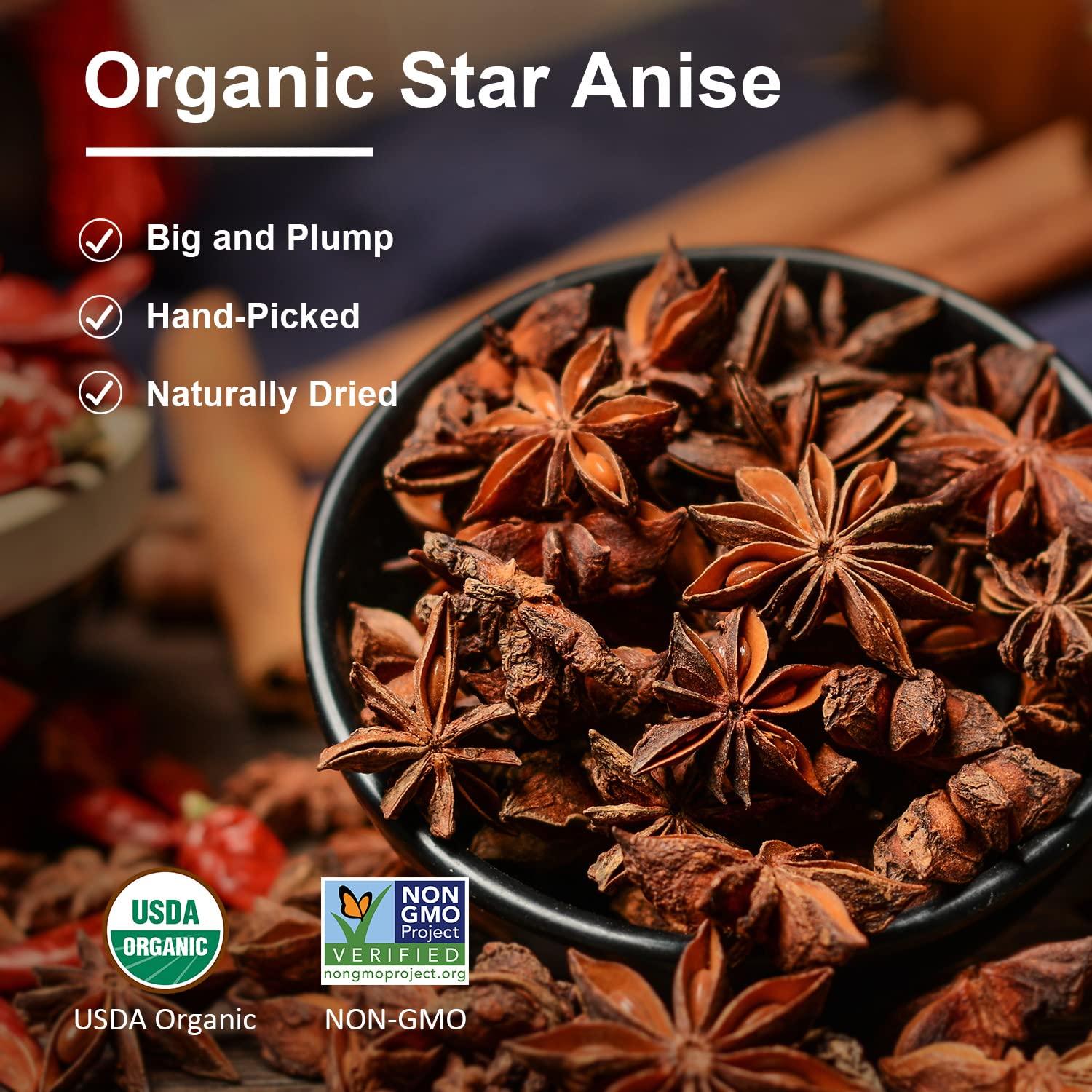 Soeos Organic Star Anise, Whole Star Anise 4 oz (114g), Chinese Star Anise Pods, Star Anise Organic Whole, Non-GMO Verified, Dried Star Anise for Beverages, Cooking, Baking