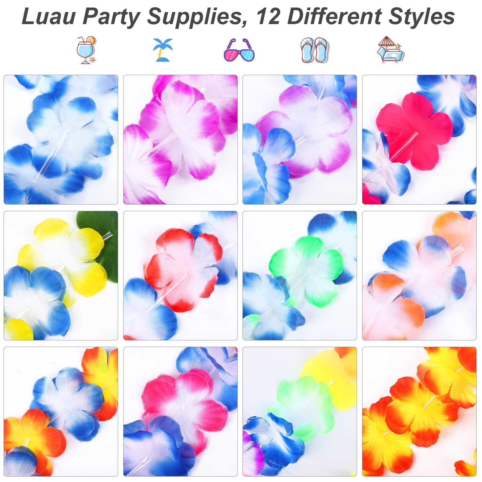 Grehge aiian Leis for Adults Assorted Styles 72 Hawaiian Flower Necklace 36 Leis Headband 72 Wristbands for Luau Party Decorations Hawaiian Party Supplies