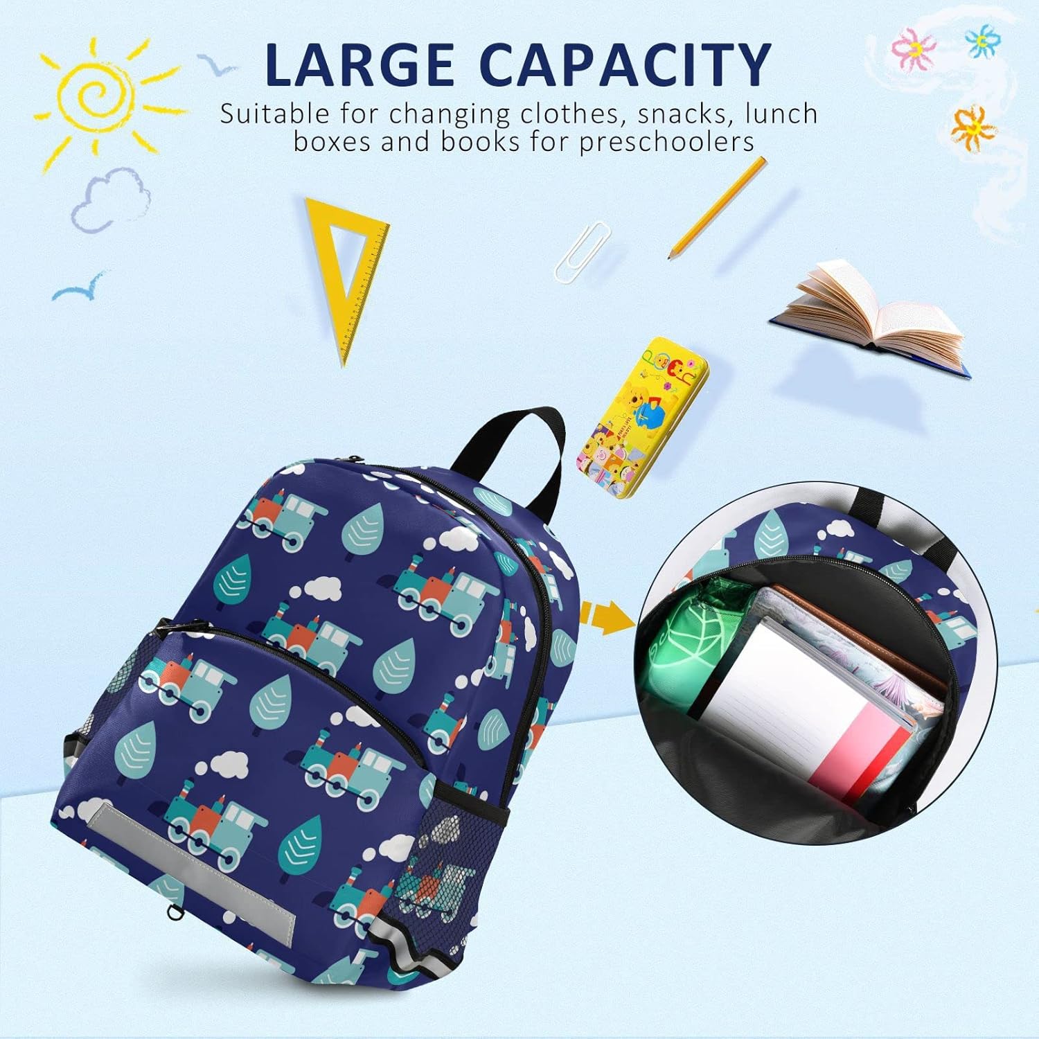 Fisyme Blue Retro Train Toddler Backpack Schoolbag Kids Daypack Travel School Bag Small Mini Backpacks for Kindergarten Preschool Nursery Children Boys Girls with Chest Strap
