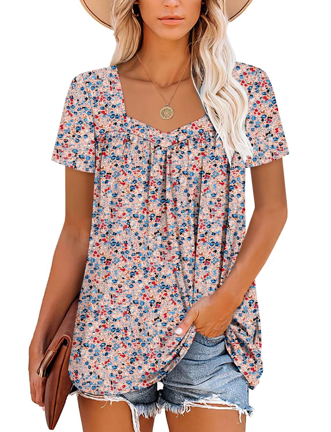 Womens Short Sleeve T Shirts Loose Fit Tunic Tops Square Neck Casual Summer Tops FleshBlue 3XL