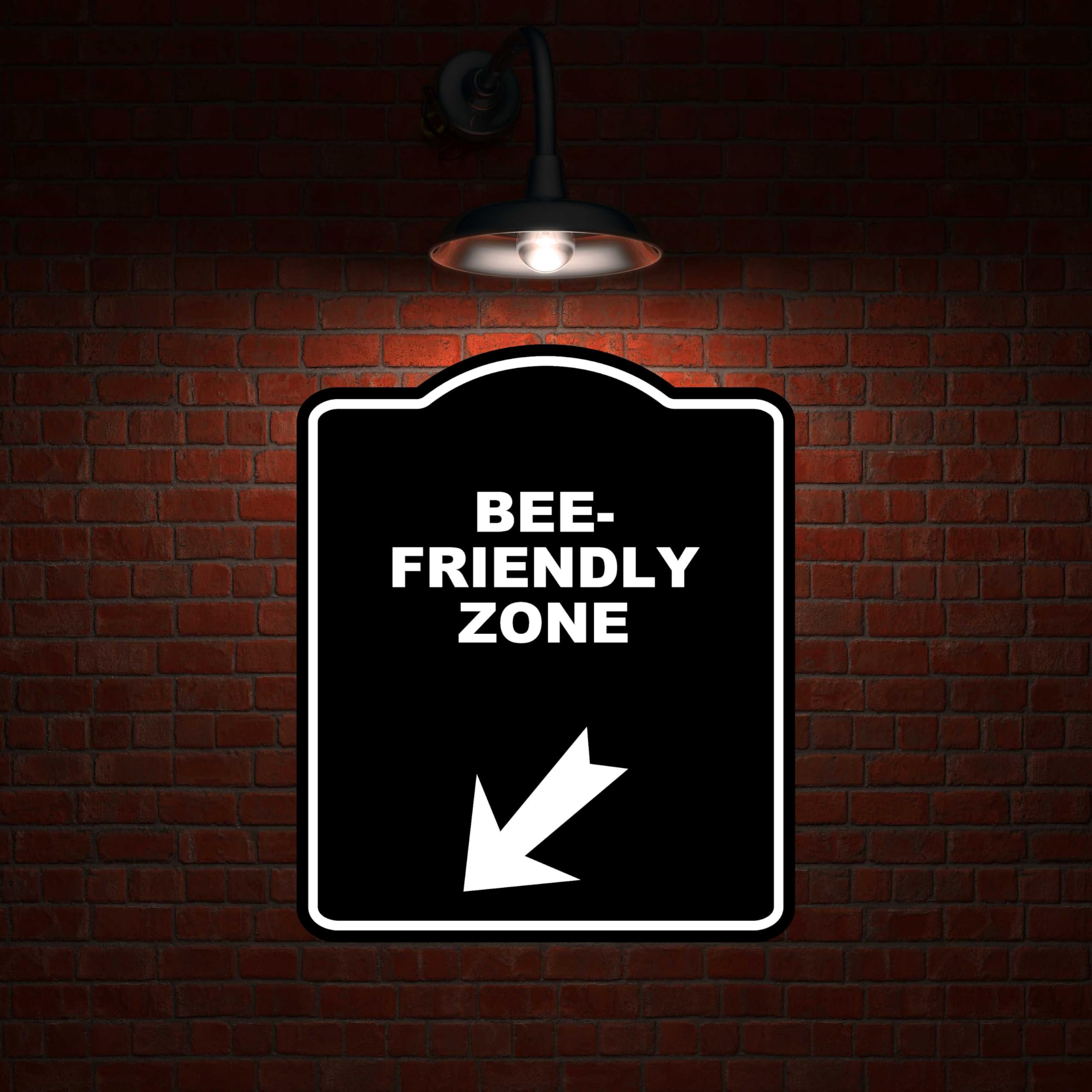 BEE-FRIENDLY ZONE Black Sign Arrow Down Left Aluminum Composite Sign 8.5 x 10 inches