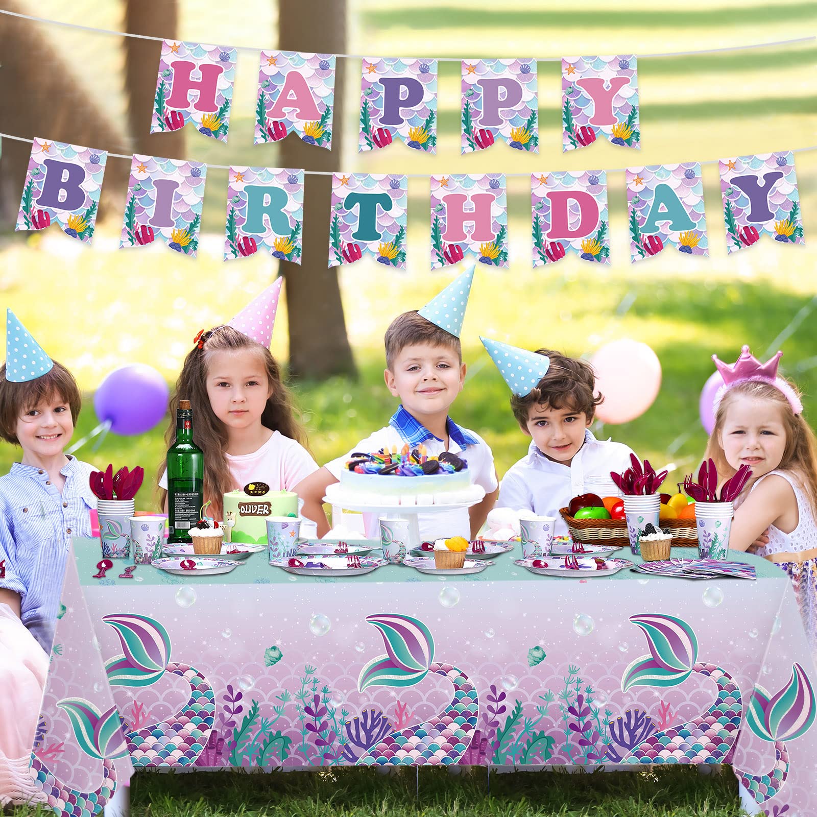 172 Pcs Mermaid Party Supplies Mermaid Birthday Set for Girls, Including Plate, Napkin, Cup, Knife Fork and Spoon, Tablecloth Set for Mermaid Under the Sea Baby Shower Party Decor, Serves 24 Guests