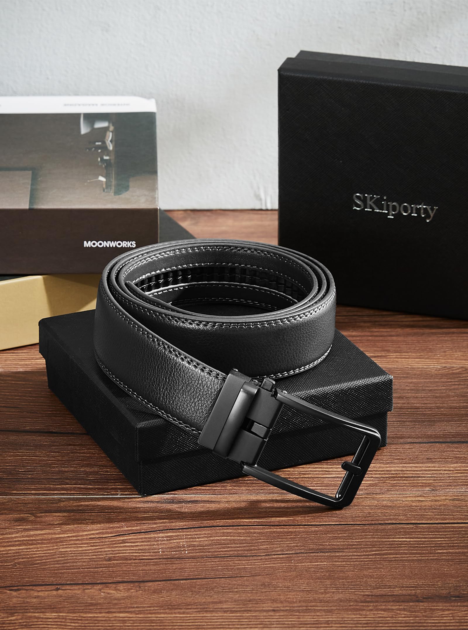 SKiporty Men's Ratchet Belts Leather Comfort Adjustable Click Belt With Slide Buckle for Men Casual Work Jeans Gifts Box
