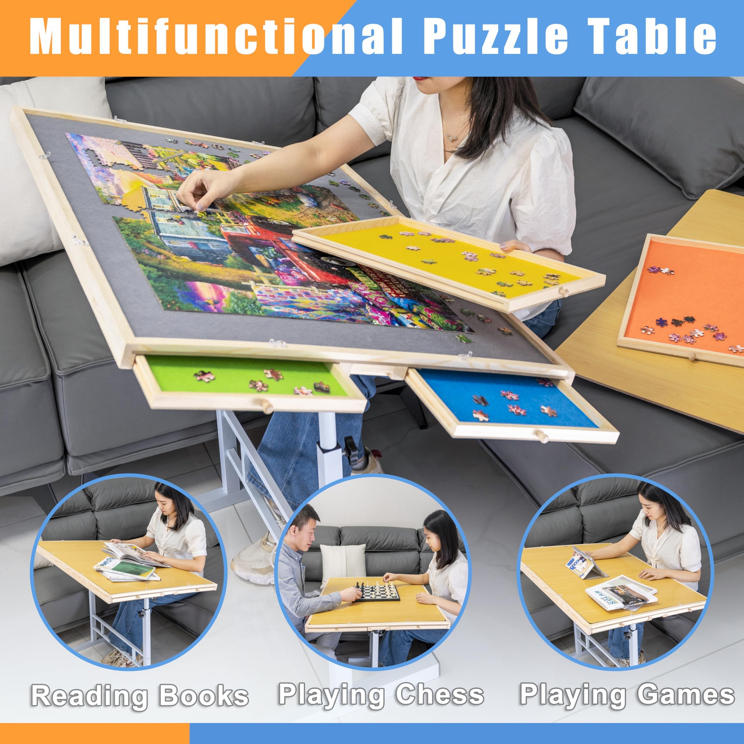 Fanwer Adjustable Puzzle Table with Drawers 1500 Piece, Angle & Height Adjustable Jigsaw Puzzle Table with Metal Legs | 35"x26" Tilting Puzzle Board for Adults and Children, for Birthday