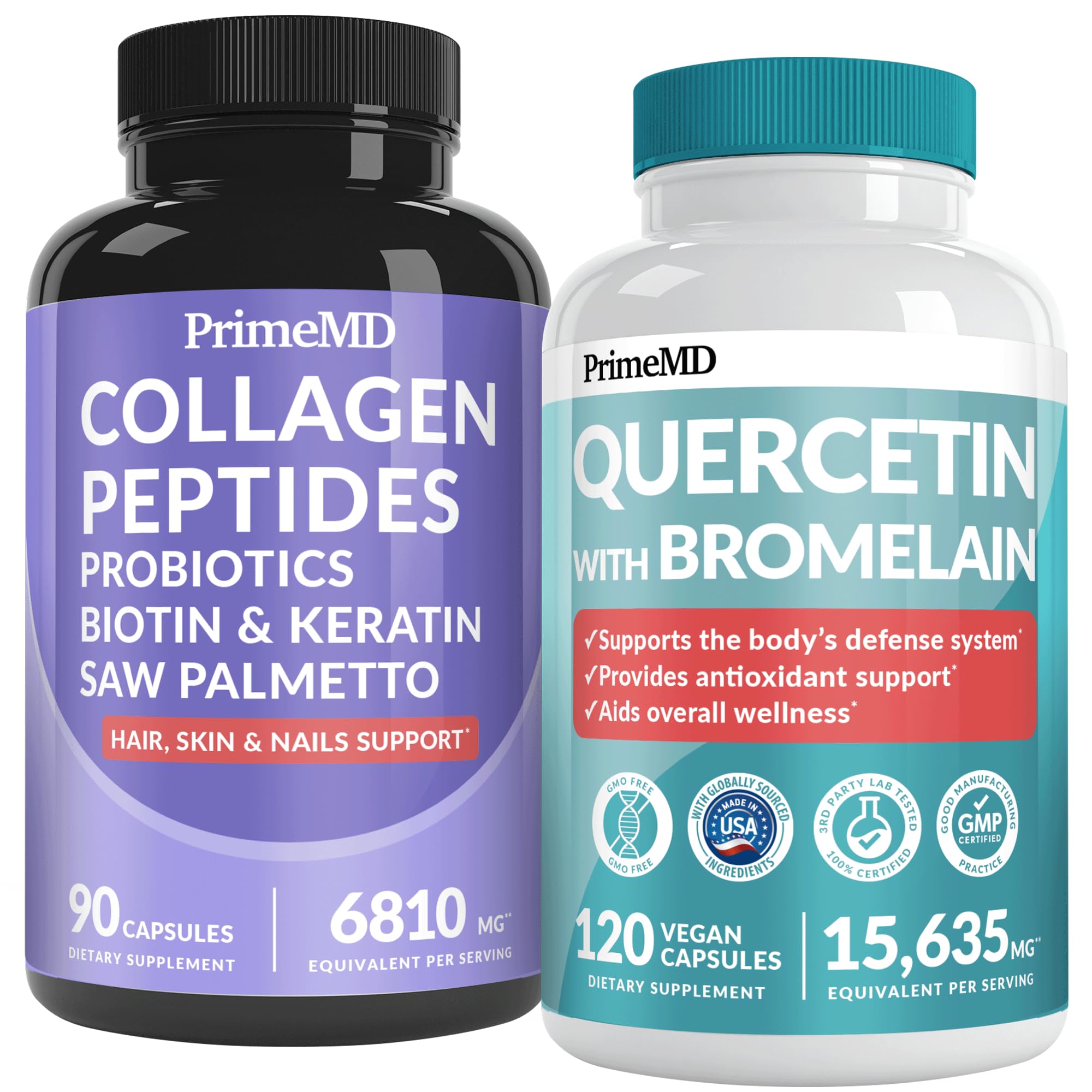 27-in-1 Hair Skin and Nails Vitamins (6810mg) w/Biotin and Collagen Hair Growth Vitamins with Probiotics and Saw Palmetto, 90 ct - 28-in-1 Quercetin with Bromelain for Daily Immune Defense (120ct)