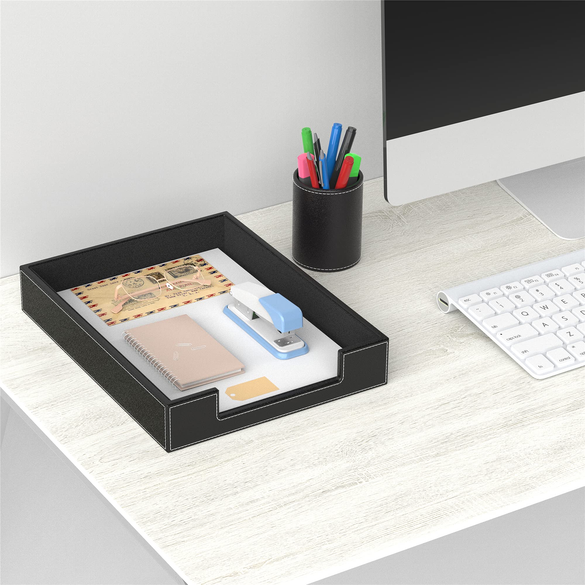Leather Letter Tray, THIPOTEN Elegant Desk Organizer for Office Supplies, Mail, Paper, File, Magazine, Perfect Office Organization for Desktop(Black)