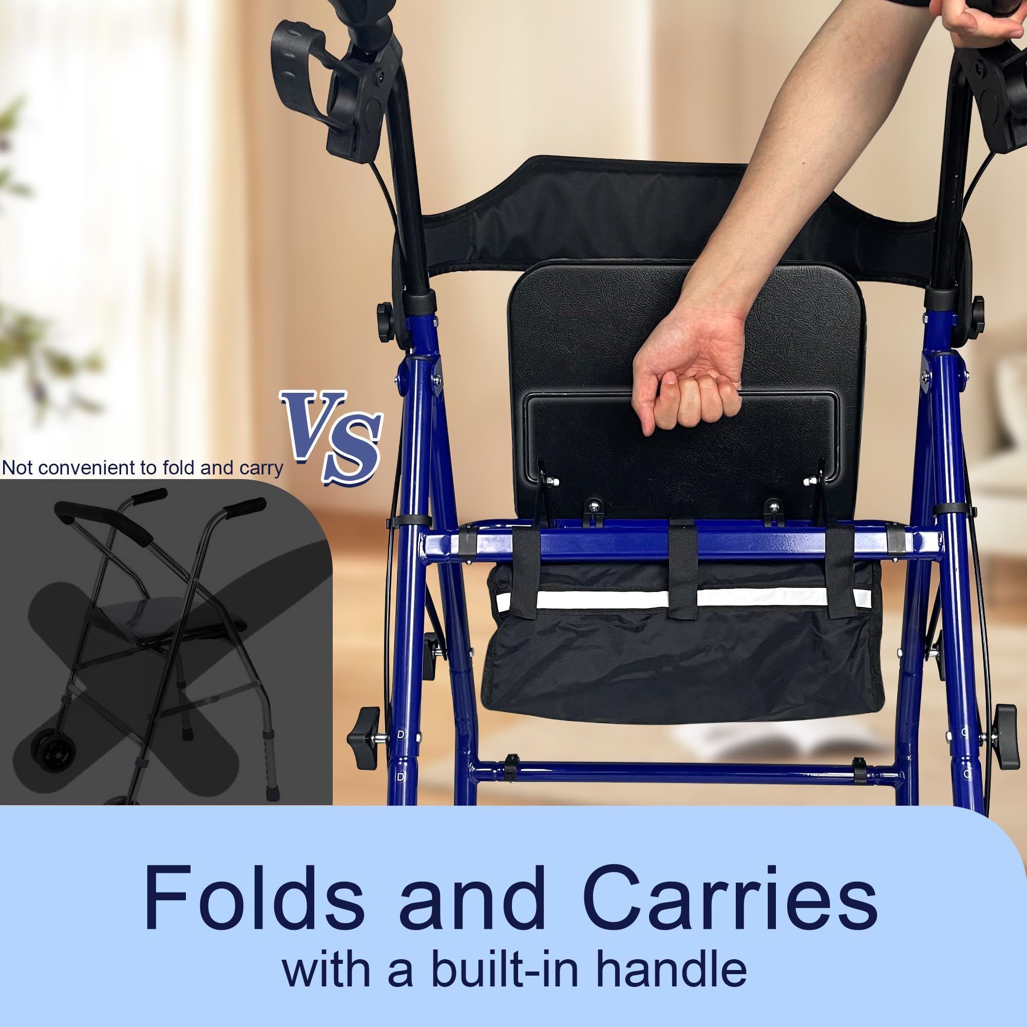 Foldable Rollator Walker with Seat for Seniors, Easy Folding & One-Hand Carry, Walkers for Seniors-All-Terrain Wheels, Height Adjustable Lightweight Rolling Walker for Elderly, Blue