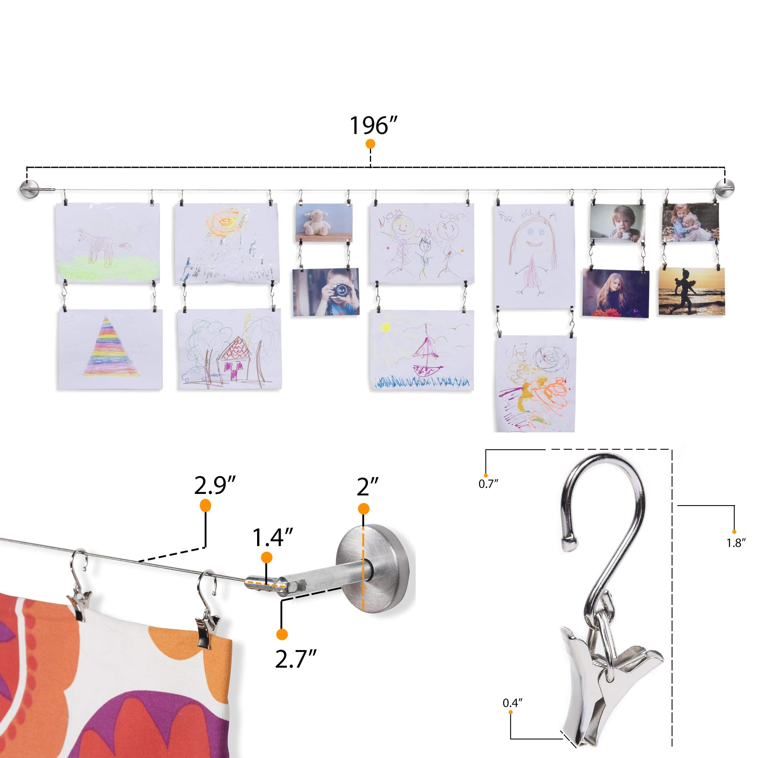 Wallniture Barre Wire Picture Hangers for Kids Crafts and Artwork, Expandable 196 Inch Wall Decor with 24 Clips Set, Silver