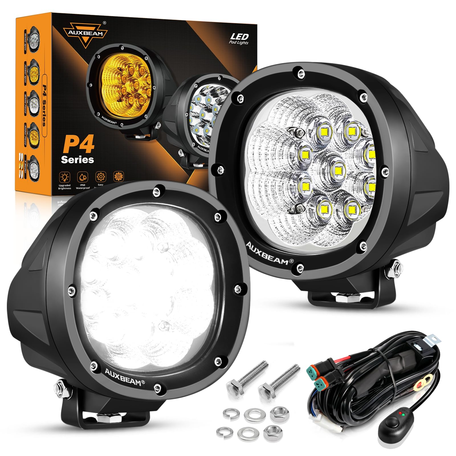 Auxbeam 4 Inch Round LED Light Pods, 90W Offroad Flood White Light Bar, Super Bright 9000LM Driving Work Light with DT Plug Wiring Harness Kit for Truck Boat Pickup ATV UTV SUV-2PCS