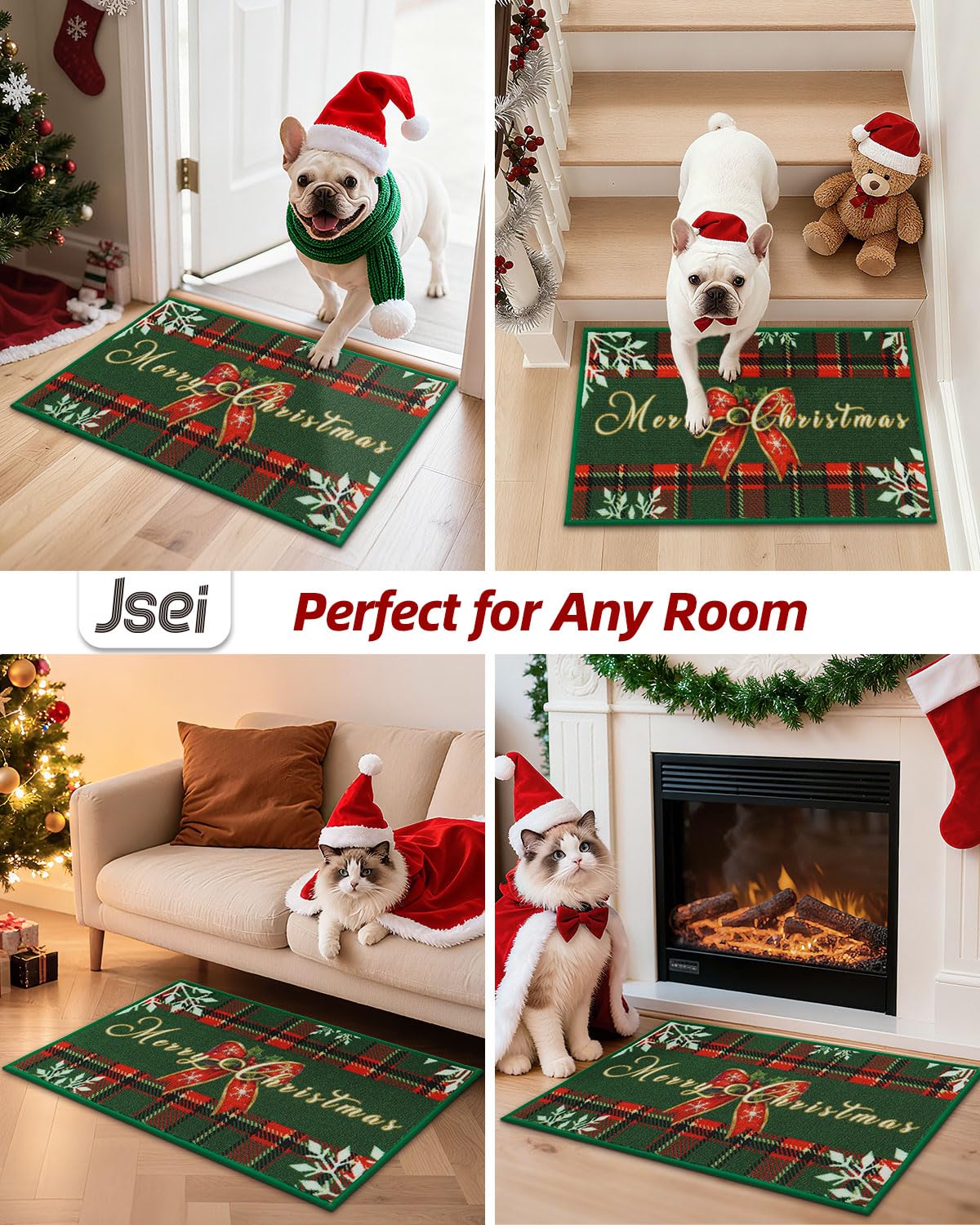 JSEI Door Mat Green Buffalo Plaid Christmas Mat 17"x30", Non-Slip Mats for Entryway with Merry Christmas Greeting and Bow Snowflake Design, Machine-Washable Xmas Doormat for Front Back Door
