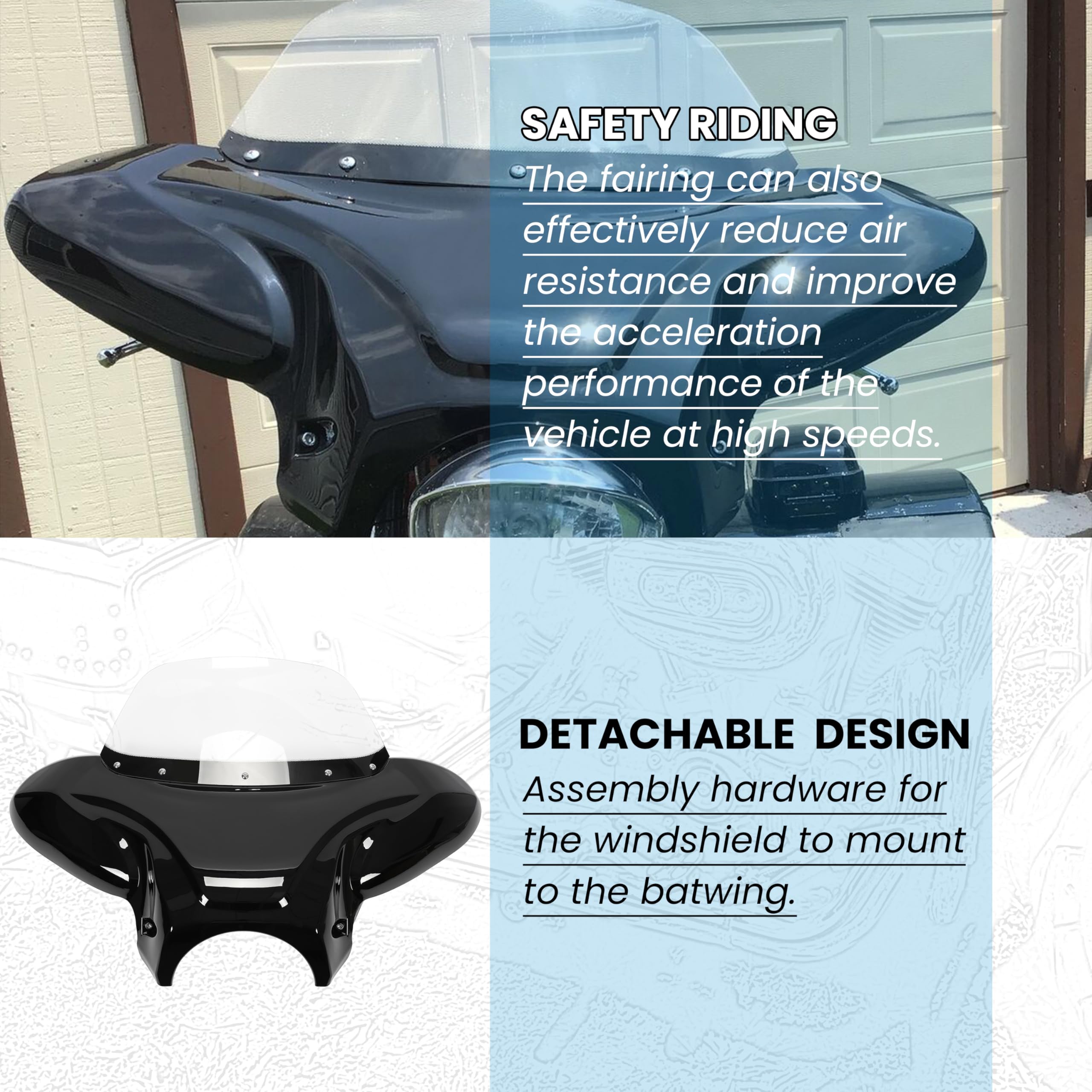 ECOTRIC Universal Motorcycle Cruiser Front Outer Fairing Batwing w/Clear Windshield 37" Wide x 24" Tall Bat Wing Transparent Black ABS Plastic Durable