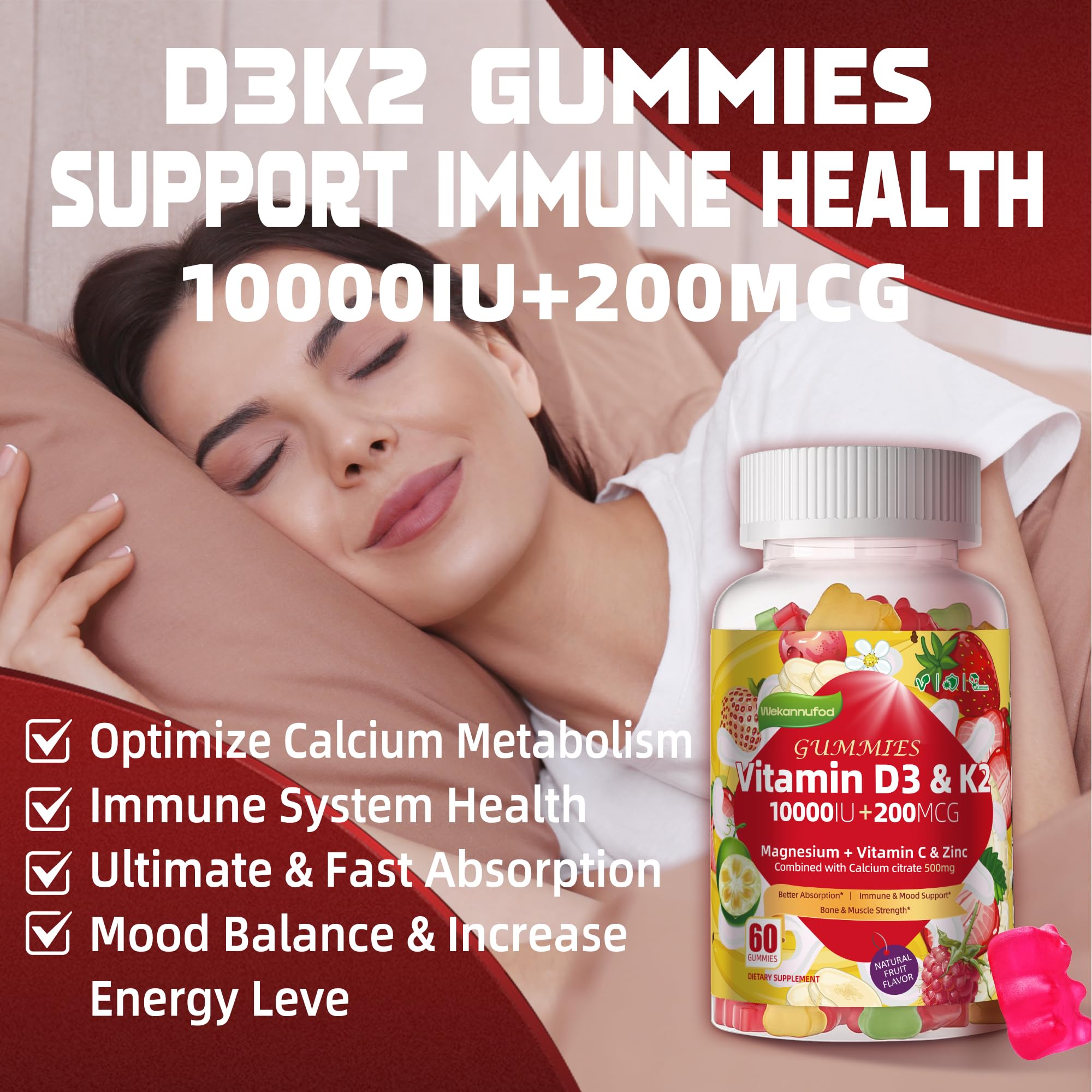 Wekannufod Sugar-Free Vitamin D3 K2 Gummies with Calcium + K2 (MK-7), Magnesium Citrate, Vitamin C, Extra Strength - Ultimate Absorption for Bone Muscle Teeth Immune, Vegan - 60 Gummies
