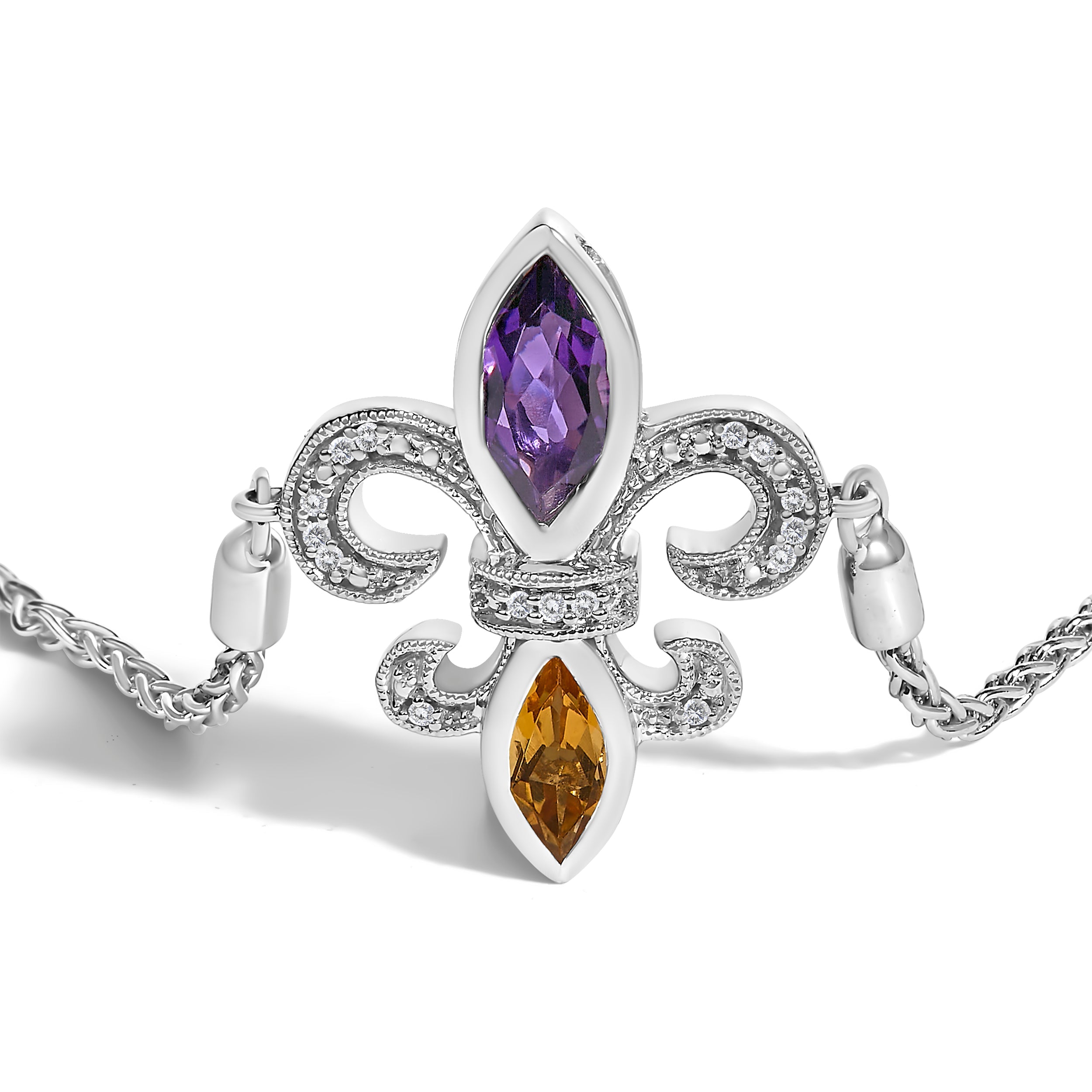 .925 Sterling Silver Marquise Purple Amethyst, Orange Citrine, and Diamond Accent Lariat 4â€-10†Fleur De Lis Adjustable Bolo Bracelet (I-J Color, I1-I2 Clarity)