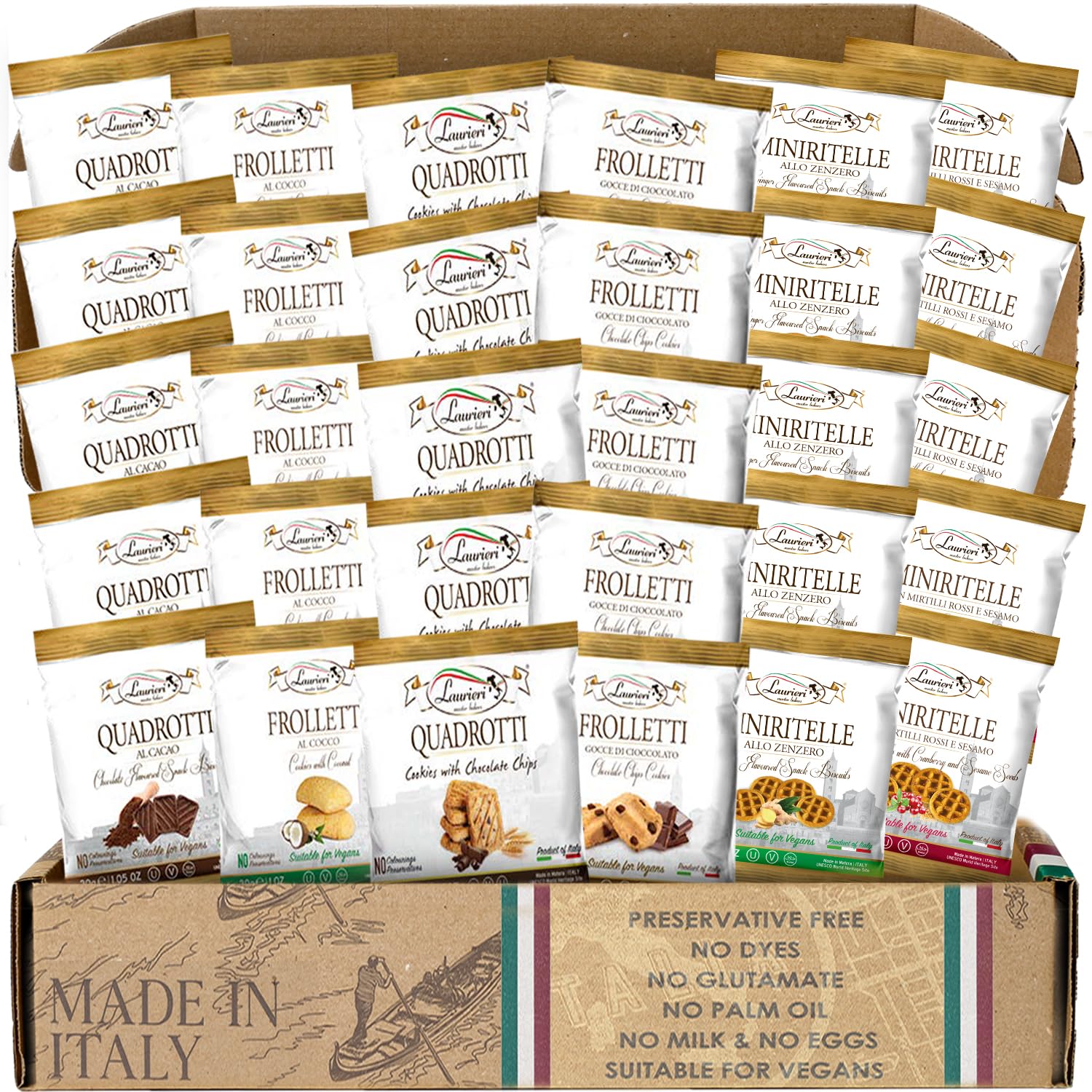 Cookies Variety Pack - Shortbread Cookie Gift Box - Assortment of 30 Packs - Gourmet Italian Cookies Individually Wrapped - Tea Cookies - Chocolate, Chocolate Chips, Coconut, Cranberry & Sesame, Ginger & Cinnamon - Kosher, Vegan