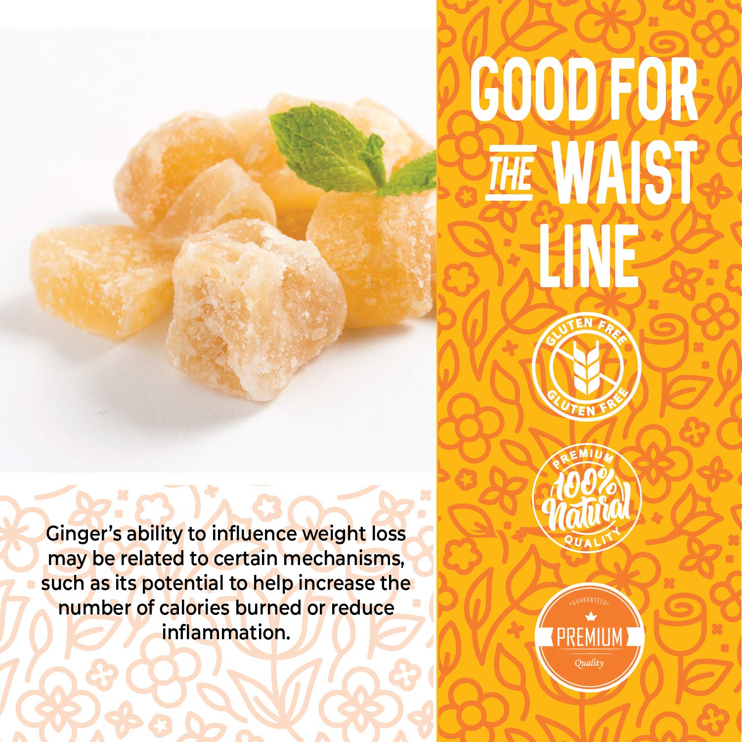 Herbaila Dried Crystallized Ginger Slices 16 oz. Unsulphured Dried Ginger Candy, Crystalized Ginger Pieces. All Natural, Non-GMO