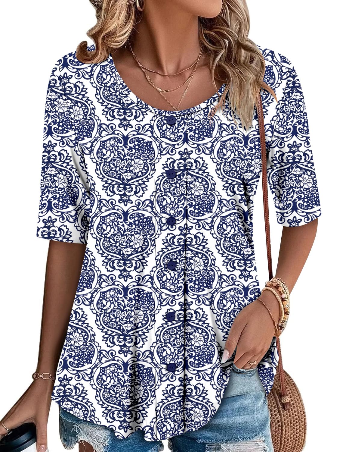 ONLYSHE Womens Summer Blue Printed Tops Short Sleeve Blouse Loose Casual Shirts Cute Tunic L