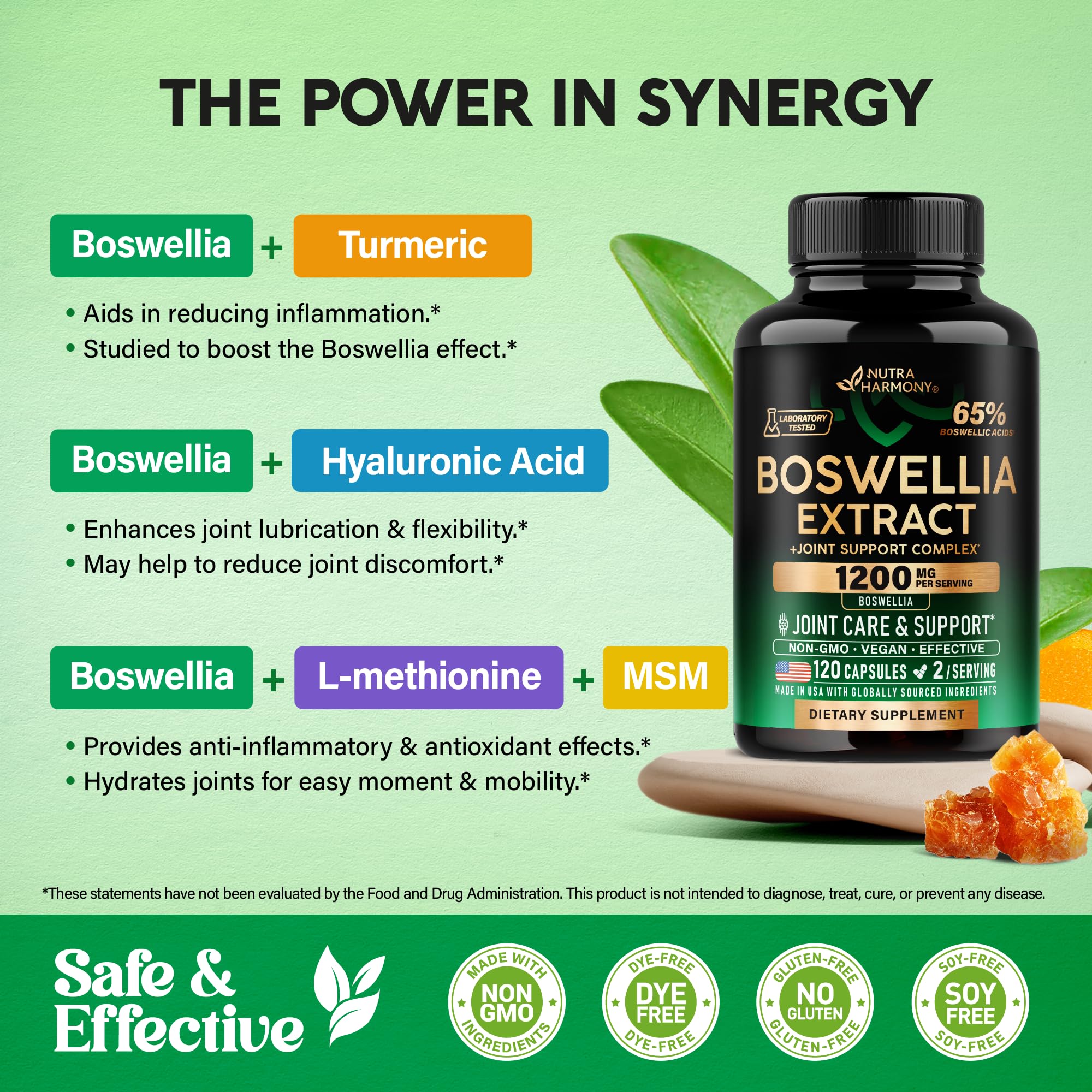 Boswellia 1200mg - Boswellia Extract | Turmeric | Hyaluronic Acid | MSM | Same - Joint Health & Comfort - Boswellia Serrata | 65% Boswellic Acid - for Men & Women - Made in USA - 120 Capsules