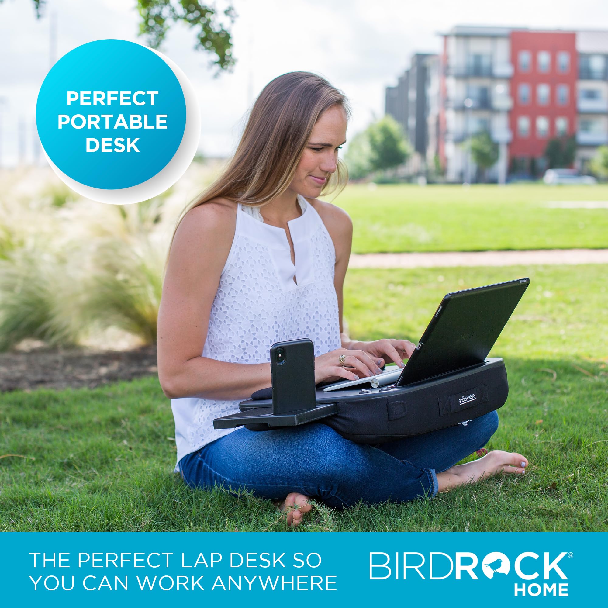 SOFIA + SAM Multi-Tasking Memory Foam Lap Desk up to 15" Laptop w/USB Light & Mouse Pad - Portable Foldable Laptop Tray w/Cushion for Bed, Couch, Desk - Ergonomic Lapdesk for Home Office & Reading
