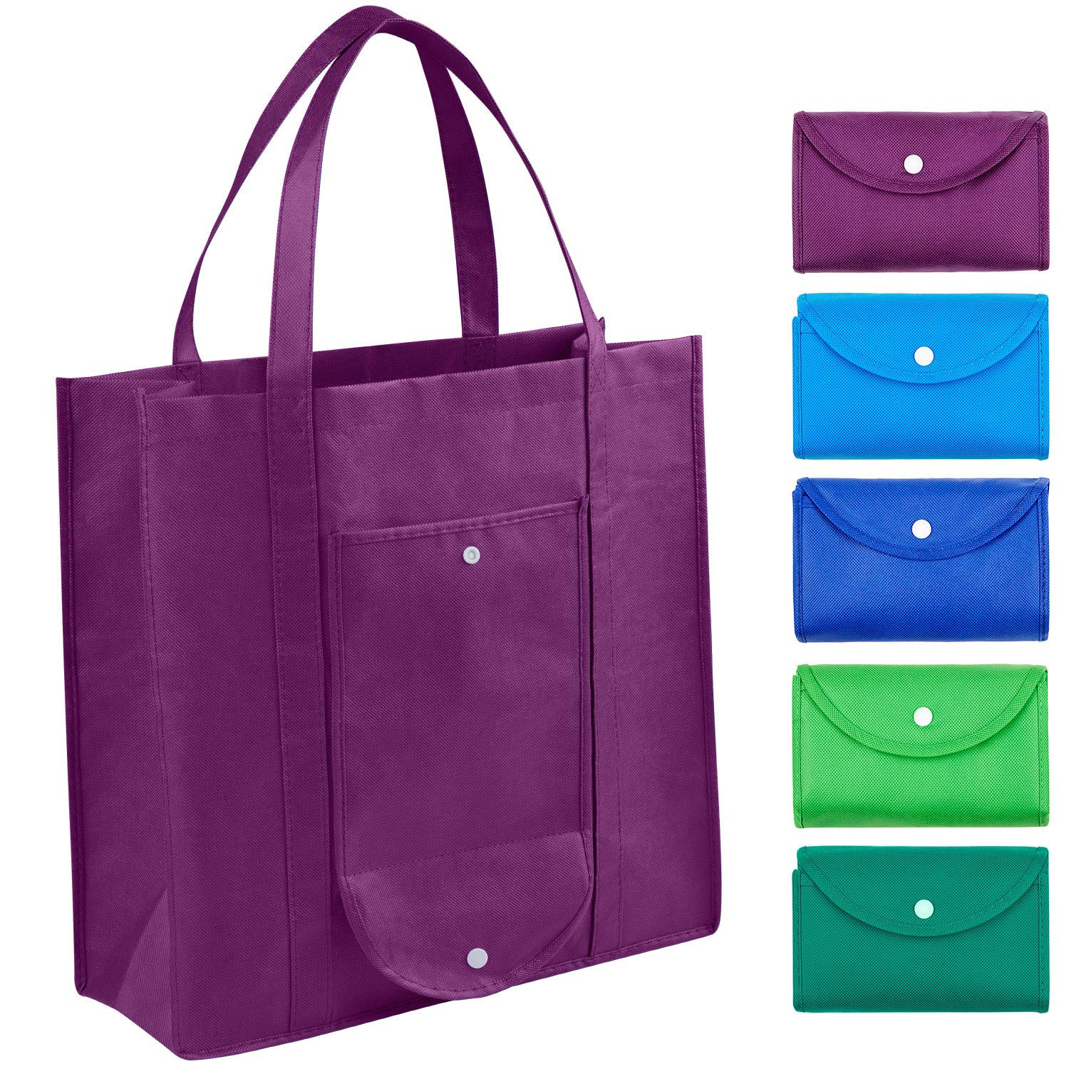 CLEVERFECT Extra Large Grocery Bags (Set of 5) - Foldable Into Pouch, Durable Heavy Duty Totes With Long Handles, Washable & Eco Friendly
