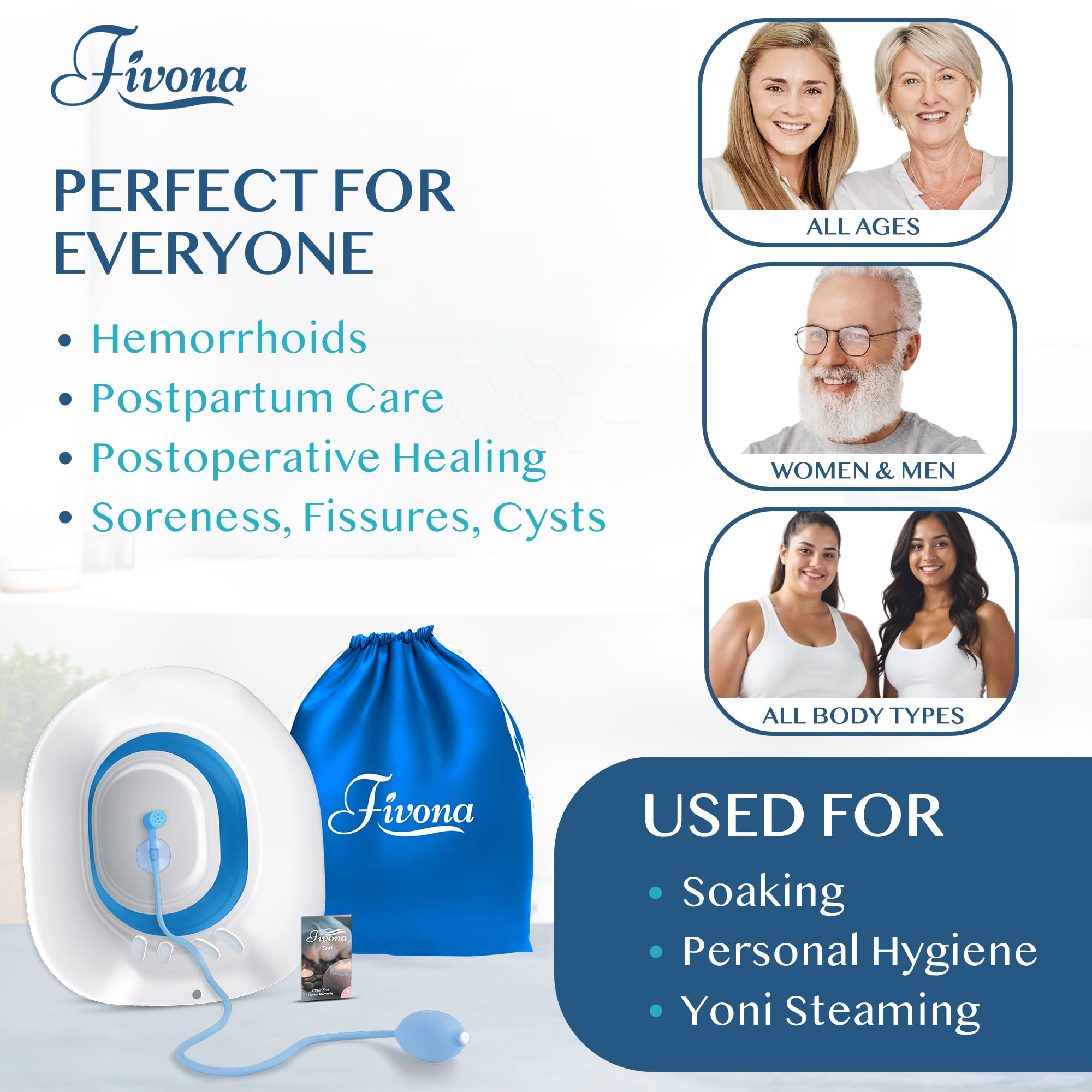Fivona Sitz Bath for Toilet Seat with Massage Hand Flusher and Storage Bag; Postpartum Care and Hemorrhoid Treatment; BPA Free V Steam Kit; Perfect for Perineal Soak and Portable Bidet
