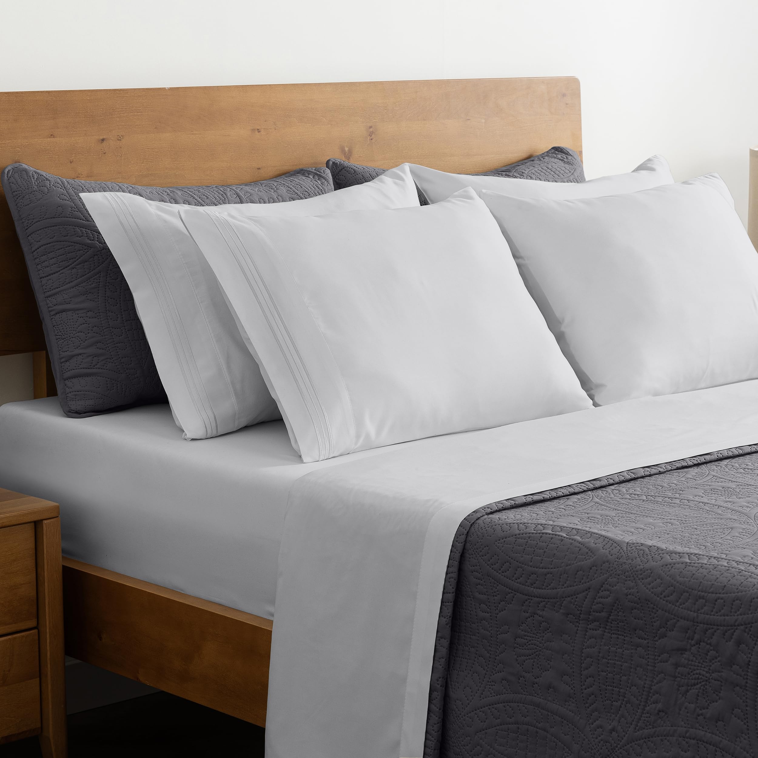 Mellanni Bedspread Coverlet Set + 6PC Sheets Set Bundle&Save - Iconic Collection Bedding - Bundle Includes: 3 Piece Oversized Quilt Set and 6 Piece Bed Sheet Set (King, Gray/Light Gray)