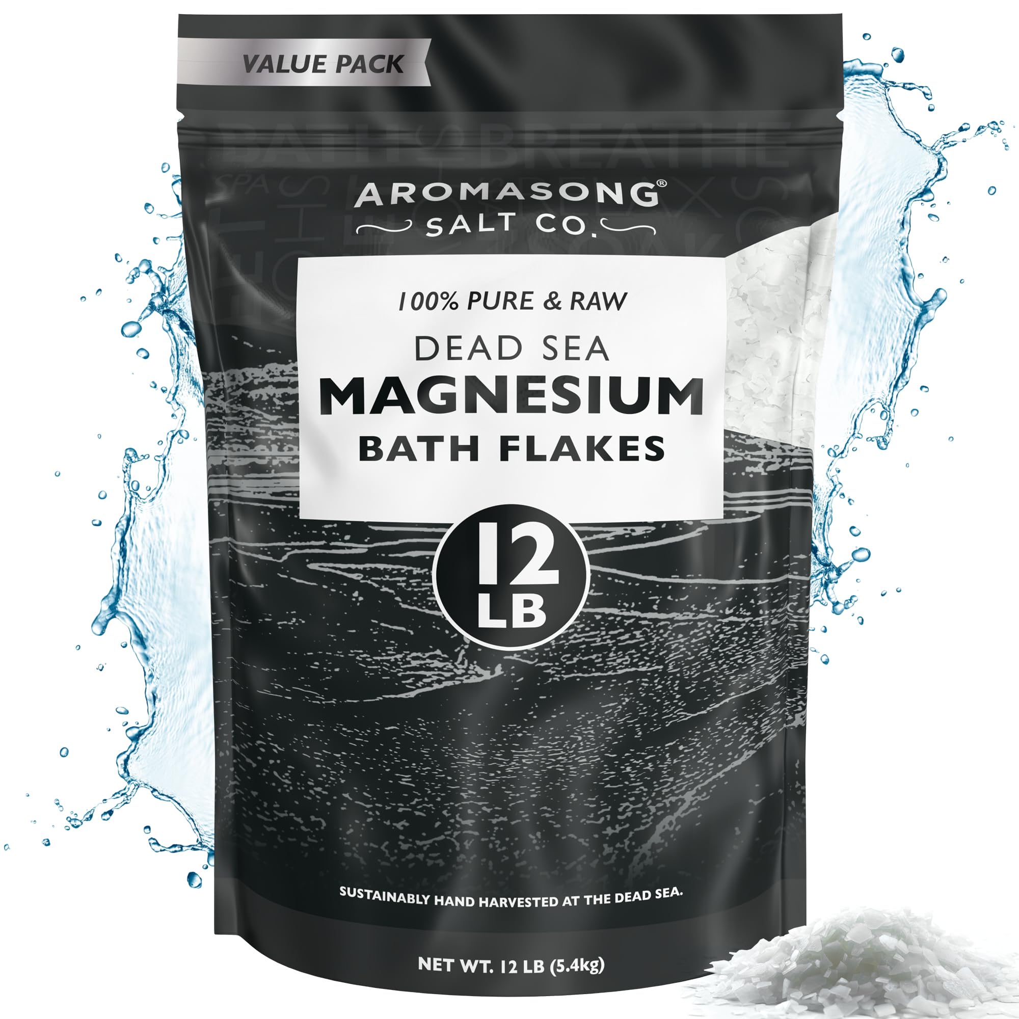 Aromasong Magnesium Flakes from The Dead Sea, 12 LB Resealable Black Bag - Muscle Relaxing Magnesium Chloride Bath Salts Soak for Headaches, Stress & Leg Discomfort