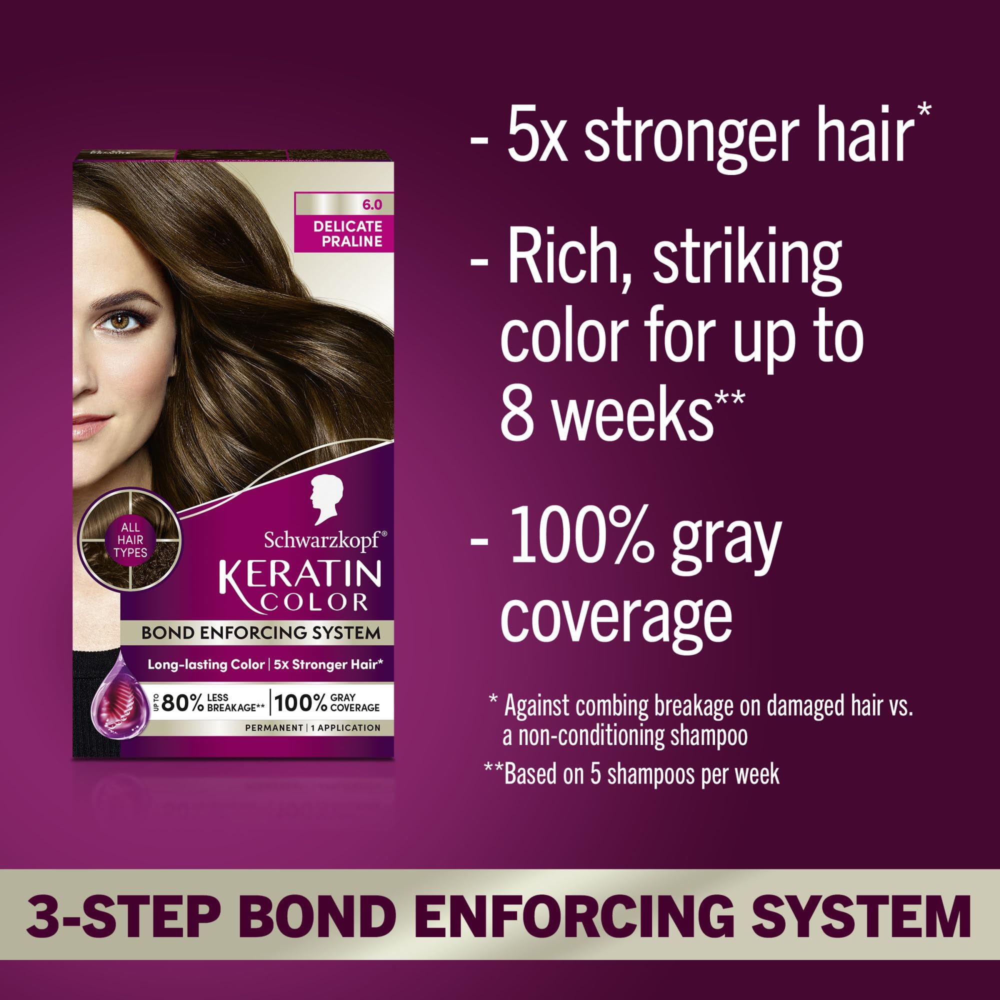 Schwarzkopf Keratin Permanent Hair Color, 6.0 Delicate Praline, 1 Application - Professionally Inspired Permanent Hair Dye, for up to 80% Less Breakage vs Untreated Hair and up to 100% Gray Coverage