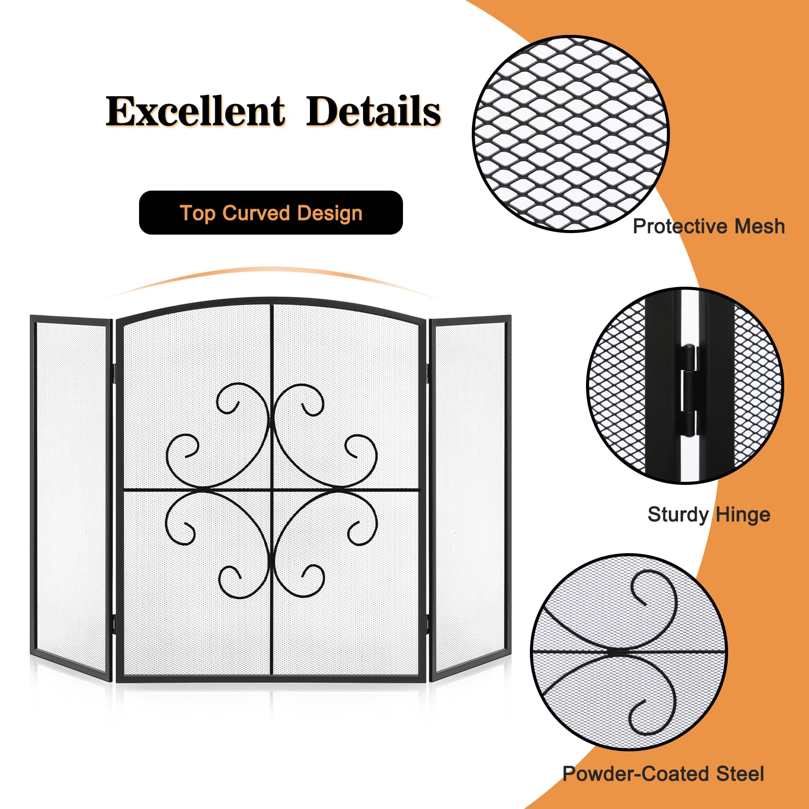Gtongoko 3 Panel Fireplace Screen 48" W x 29" H Wrought Iron Decorative Fire Spark Guard Grate for Living Room Home Decor - Black
