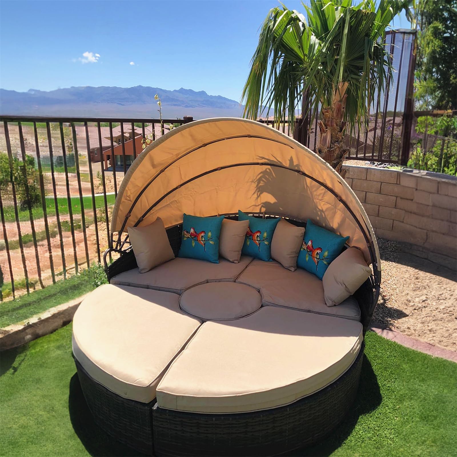 SUNCROWN Outdoor Patio Round Daybed with Retractable Canopy, Brown Wicker Furniture Sectional Couch with Washable Cushions, Backyard, Porch