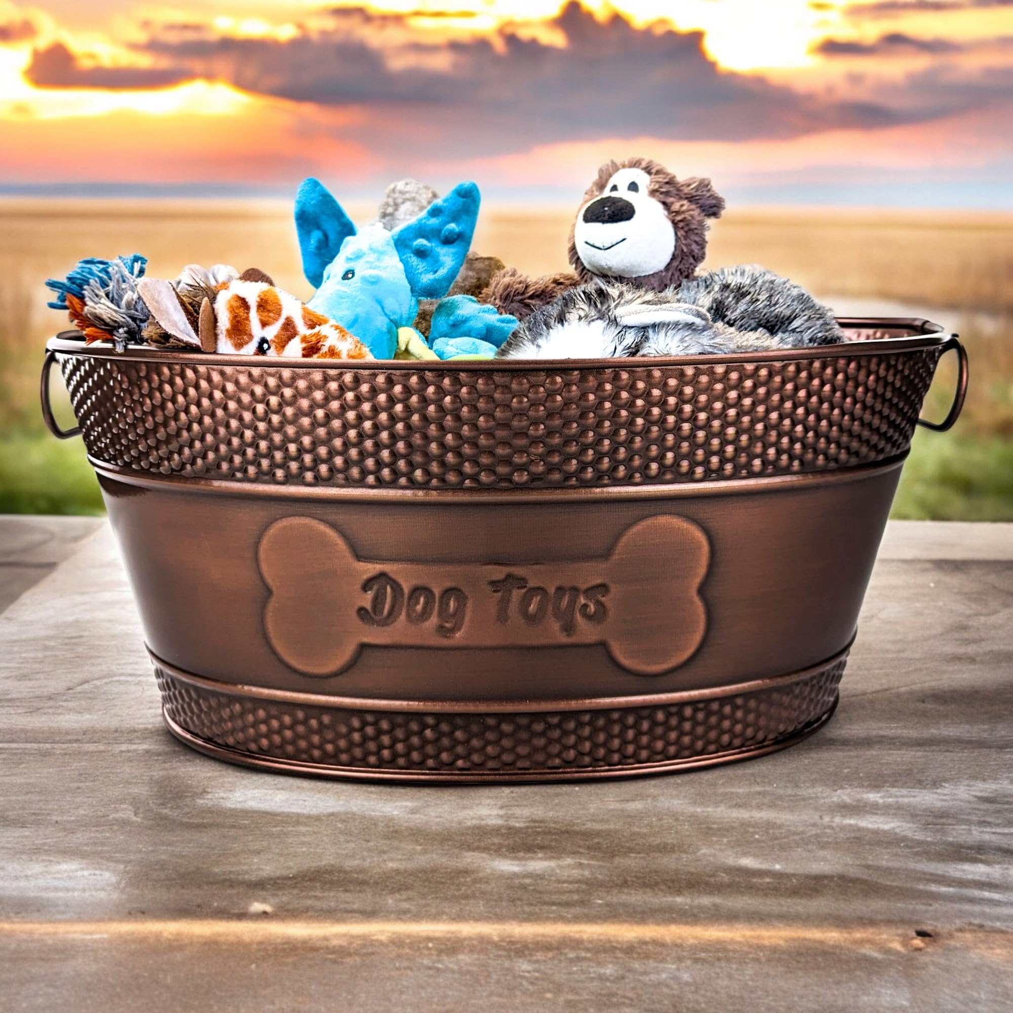 Indestructible Metal Dog Toy Bin - Copper Galvanized Storage Bin with Handles, Dog Toy Box for Dog Chew Toys, Blankets, & Leashes, Dog Bone Design Pet Toy Box (15-Quart)