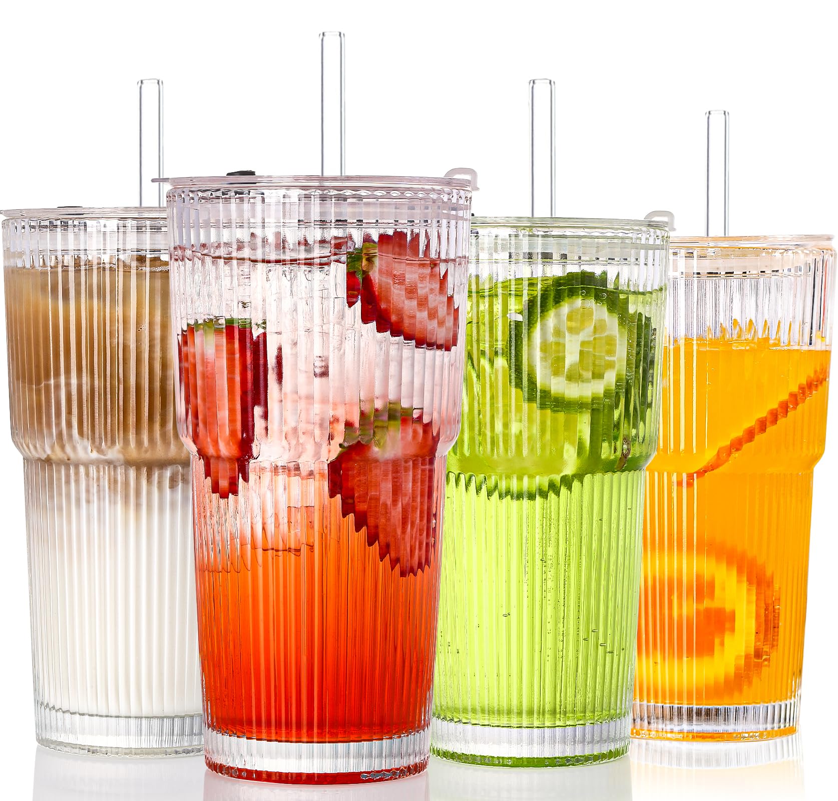 SIPBYSOP 4PCS Ribbed Glass Cups with Lids and Straws, 20oz Vintage Drinking Glasses, Aesthetic Iced Coffee Cups, Glass Tumbler for Boba, Beer, Tea, Cocktails, Ribbed Glassware Set,Clear