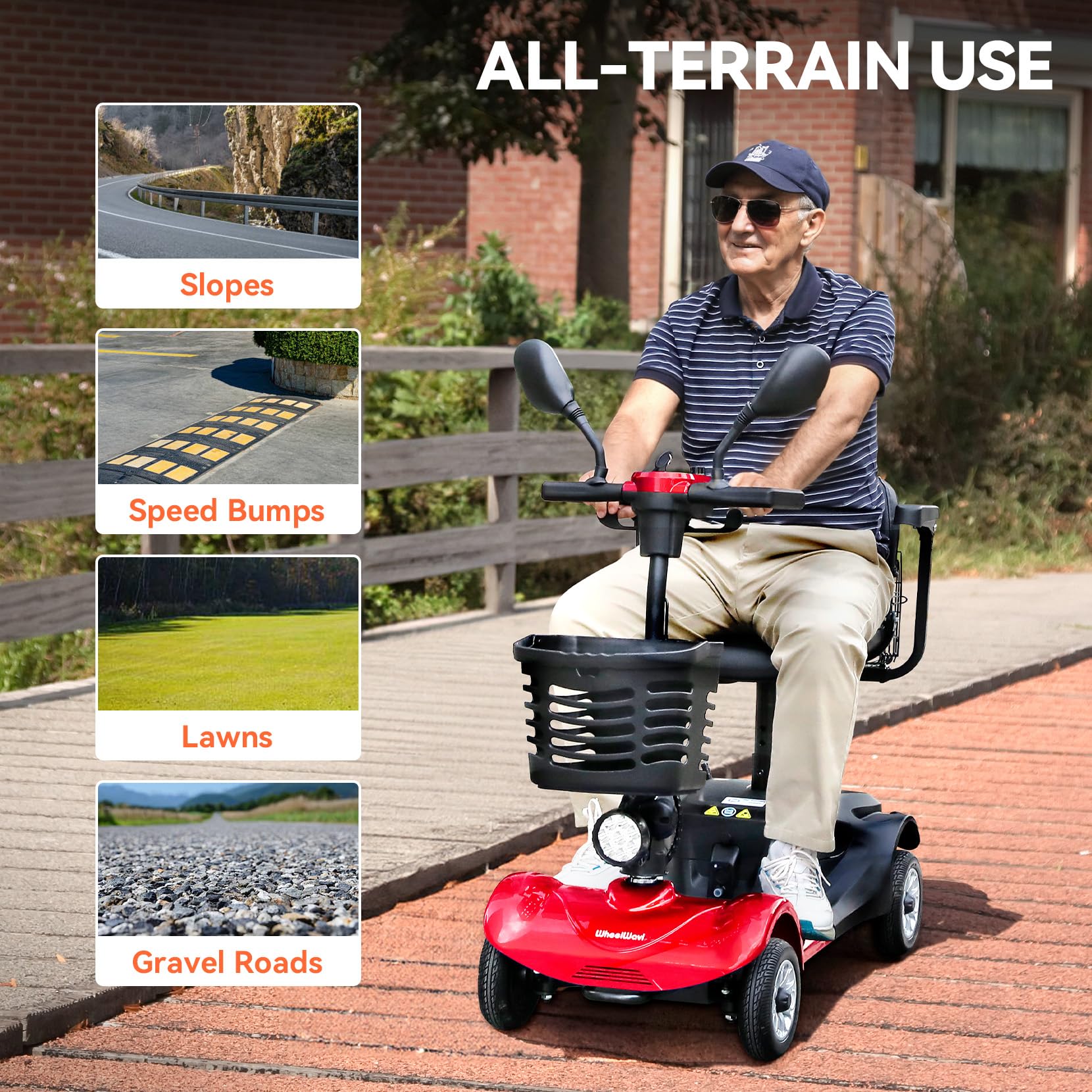 WheelWavi Powered Mobility Scooters, 15miles 4-Wheel Foldable Electric Scooter for Seniors & Adults – Heavy Duty Travel Model with Long-Lasting Battery, Front Basket, and LED Lights (Red)