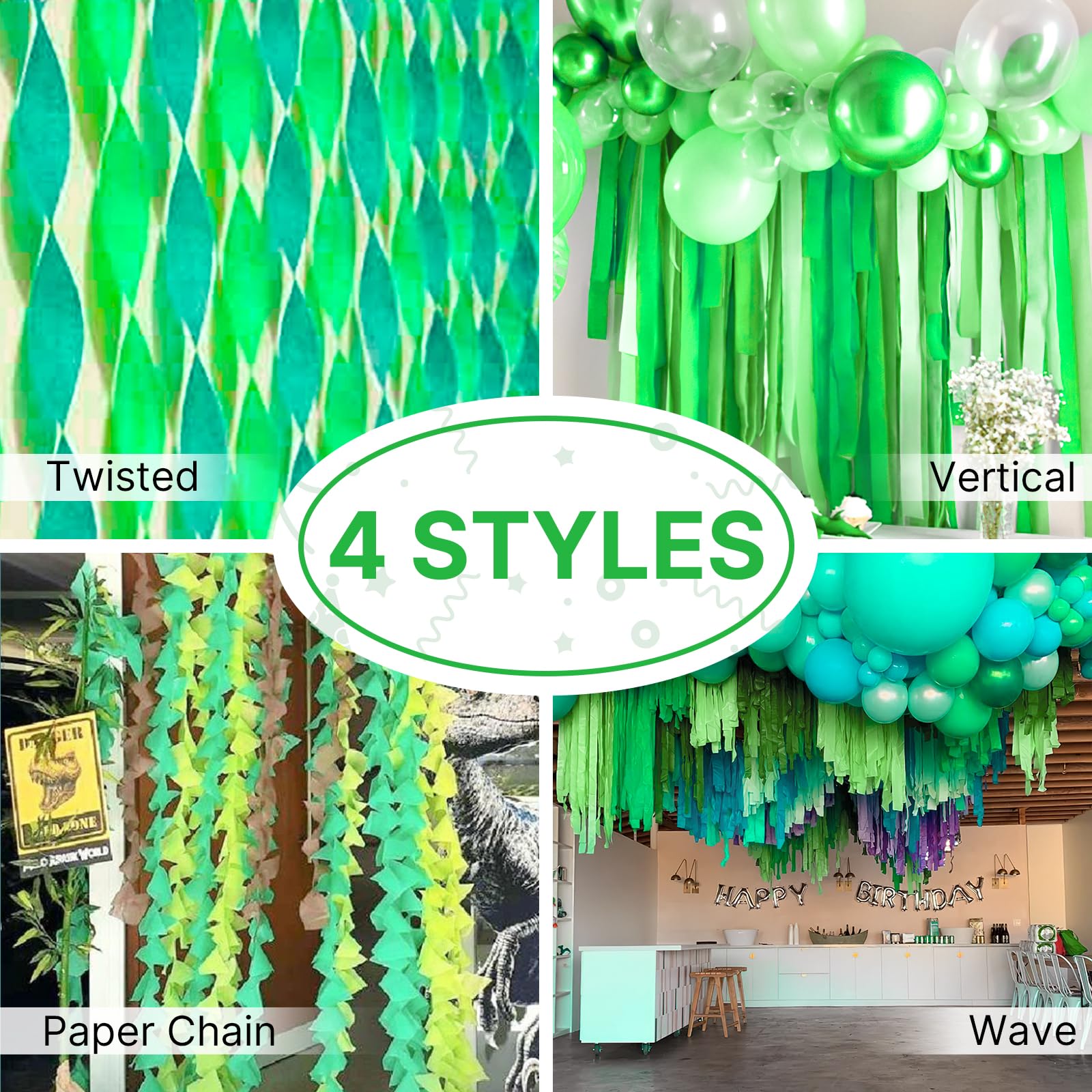 PartyWoo Extra Large Crepe Paper Streamers 3 Rolls 393ft, Pack of Light Green Crepe Paper Party Streamers, Crepe Paper for Party Decorations, Baby Shower Decorations (1.8 Inch x 131Ft/Roll)
