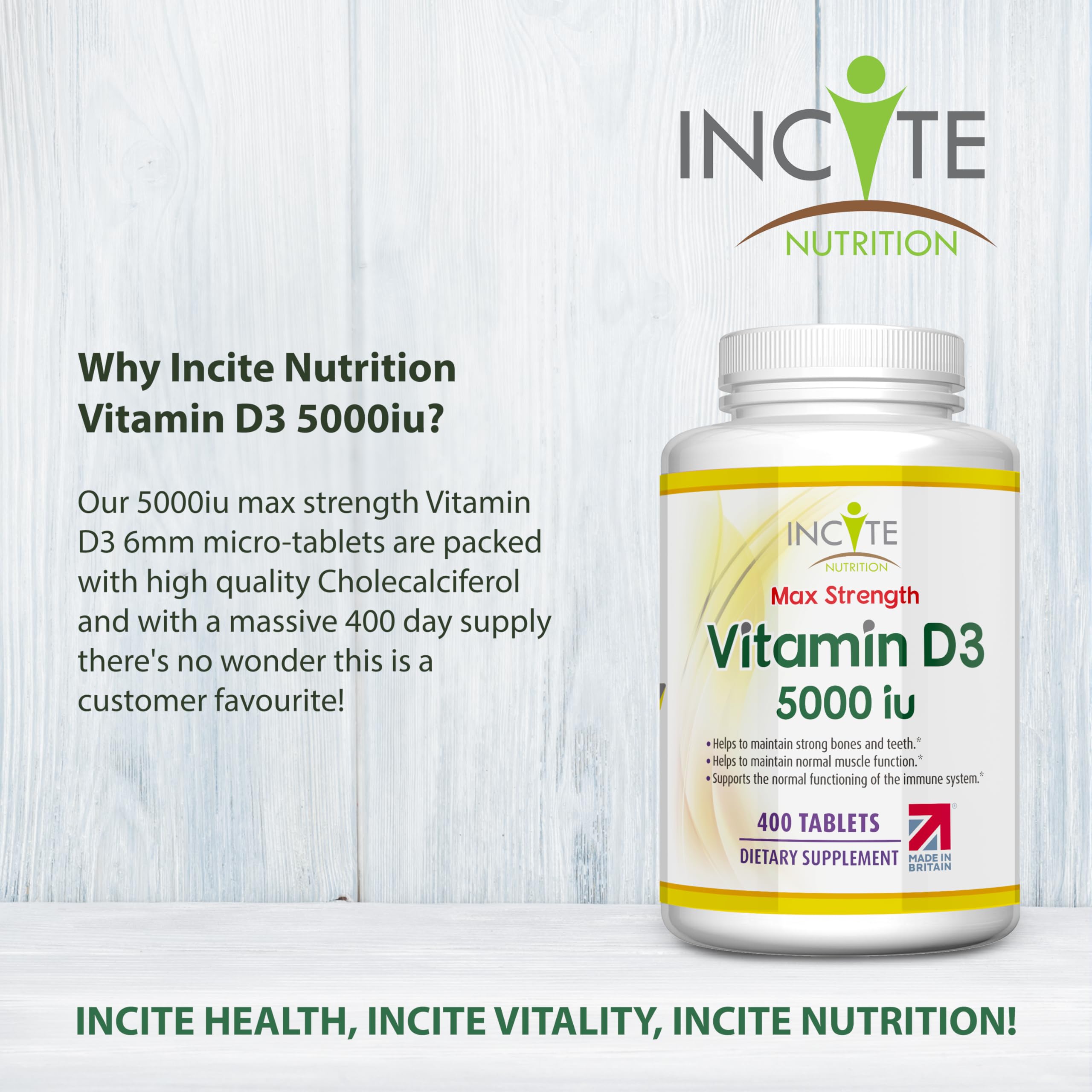 Incite Nutrition Vitamin D 5000 iu - 400 Premium Vitamin D3 Easy-Swallow Micro Tablets - One a Day High Strength Cholecalciferol VIT D3 5000iu - Vegetarian Supplement - Made in The UK