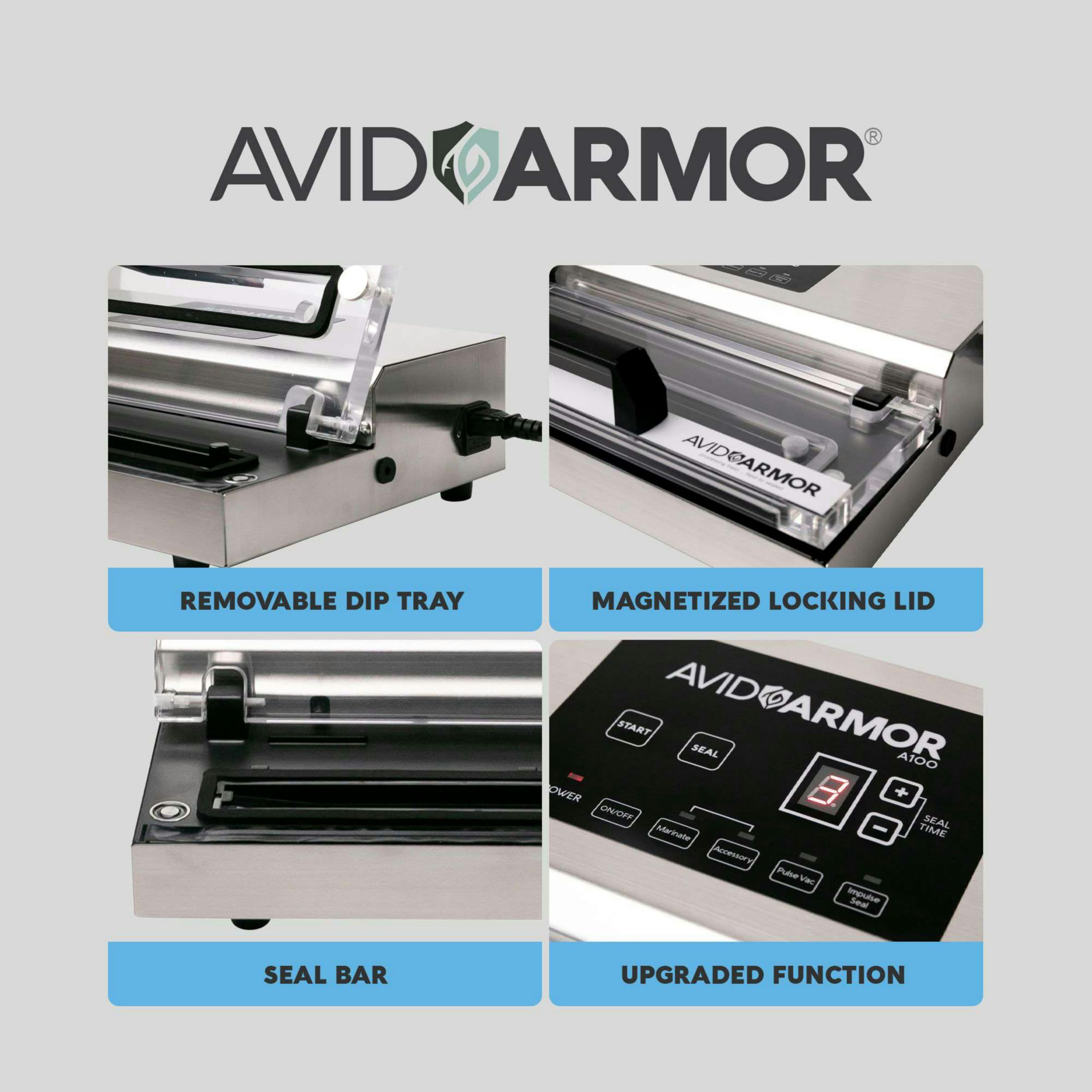 Avid Armor Vacuum Sealer Machine - A100 Stainless Construction, Clear Lid, Commercial Double Piston Pump Heavy Duty 12 Wide Seal Bar Built in Cooling Fan Includes 30 Pre-cut Bags and Accessory Hose