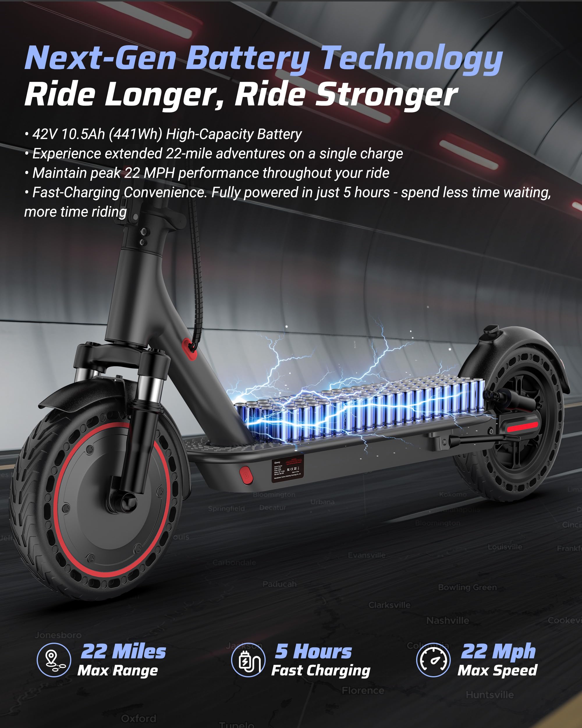 Qlaway 500W Motor Adult Electric Scooter - 22 Mph Maximum Speed & 22 Miles Range, 10" Solid Tires, Aluminum Alloy Folding Kick Scooter with Dual Suspension