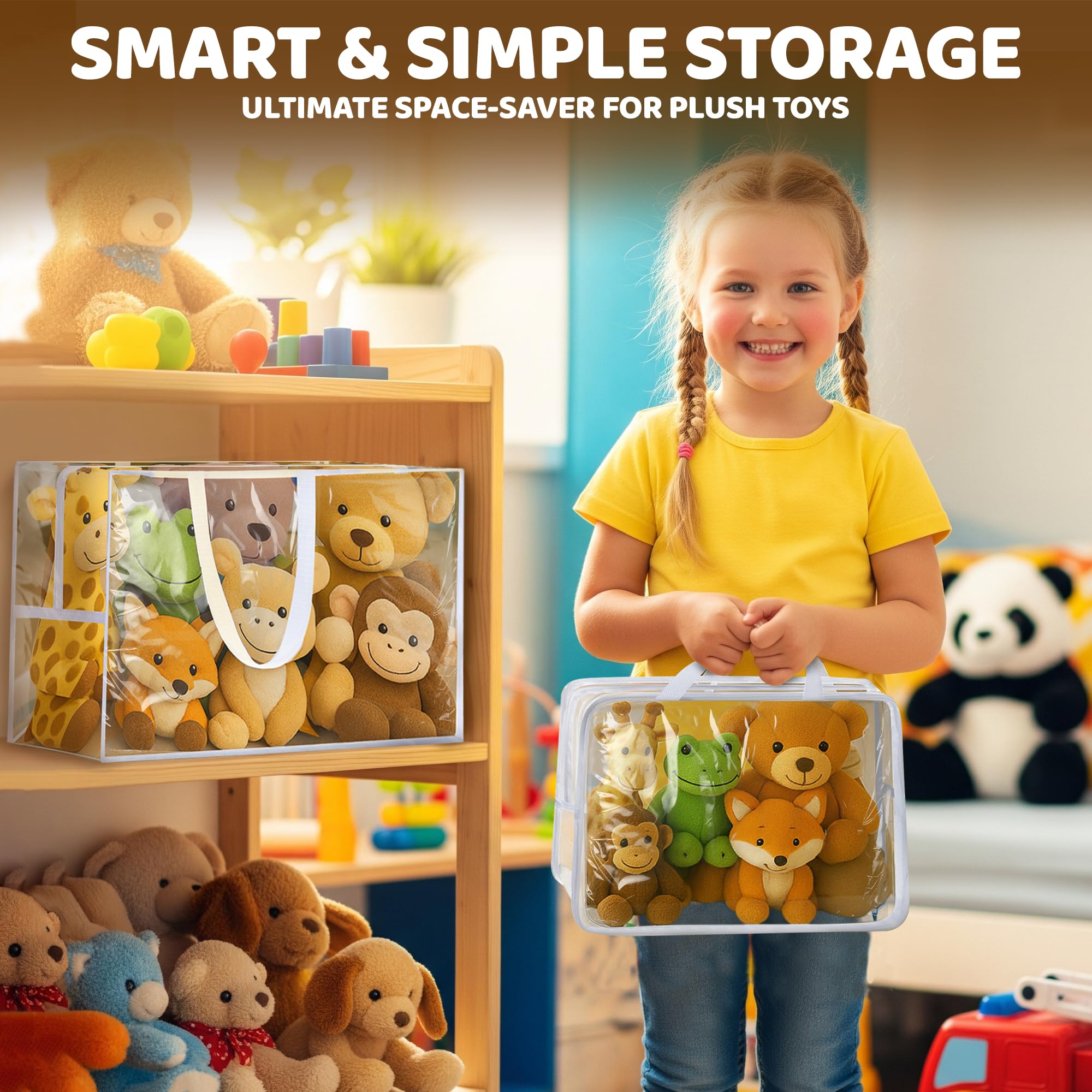 Honeyera Stuffed Animals Storage Bags with Zipper - Set of 2 with 1 Large Toy Storage Bag for Home Organization & 1 Portable Small Tote for Travel - Clear PVC Material for Easy Visibility & Organizin