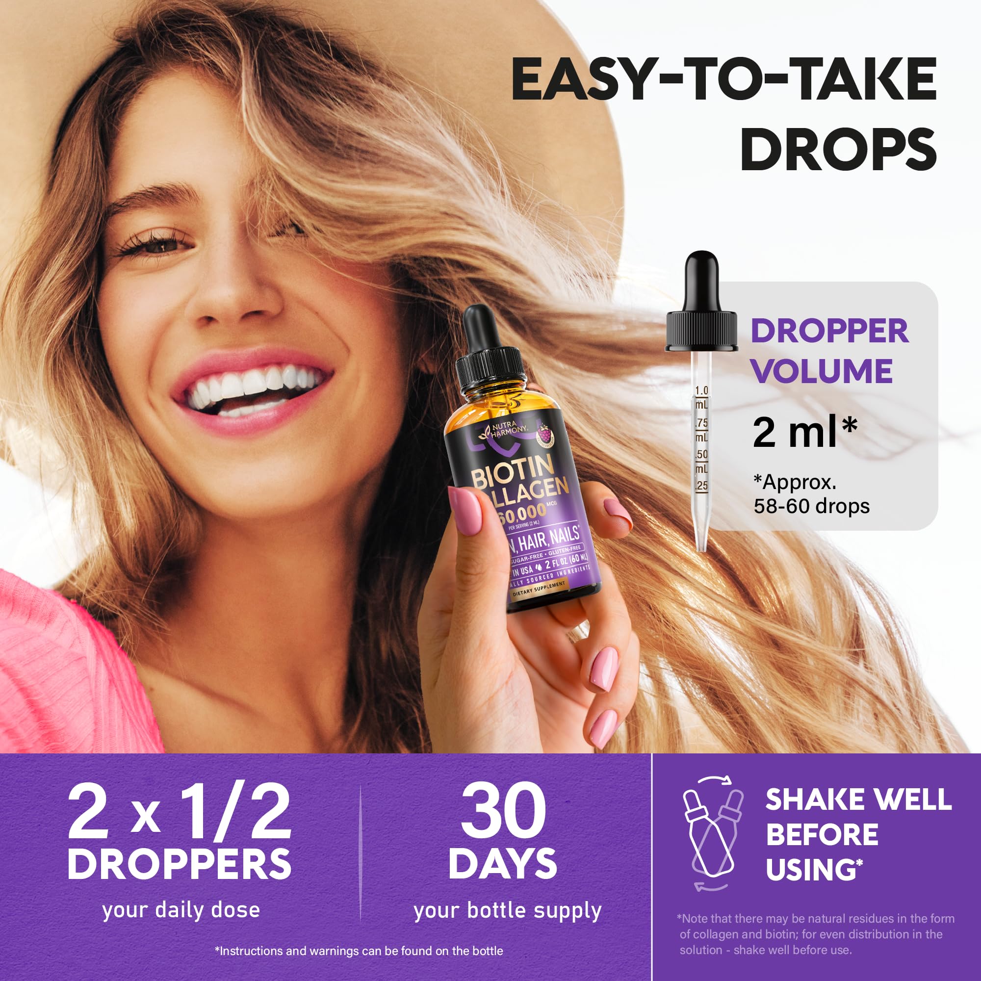 Liquid Biotin & Collagen 60,000 mcg - Vitamins for Hair Growth Support - Extra Strength Drops for Women & Men - Liquid Collagen Supplement - Strong Nails & Healthy Skin - Made in USA - 2 Fl Oz