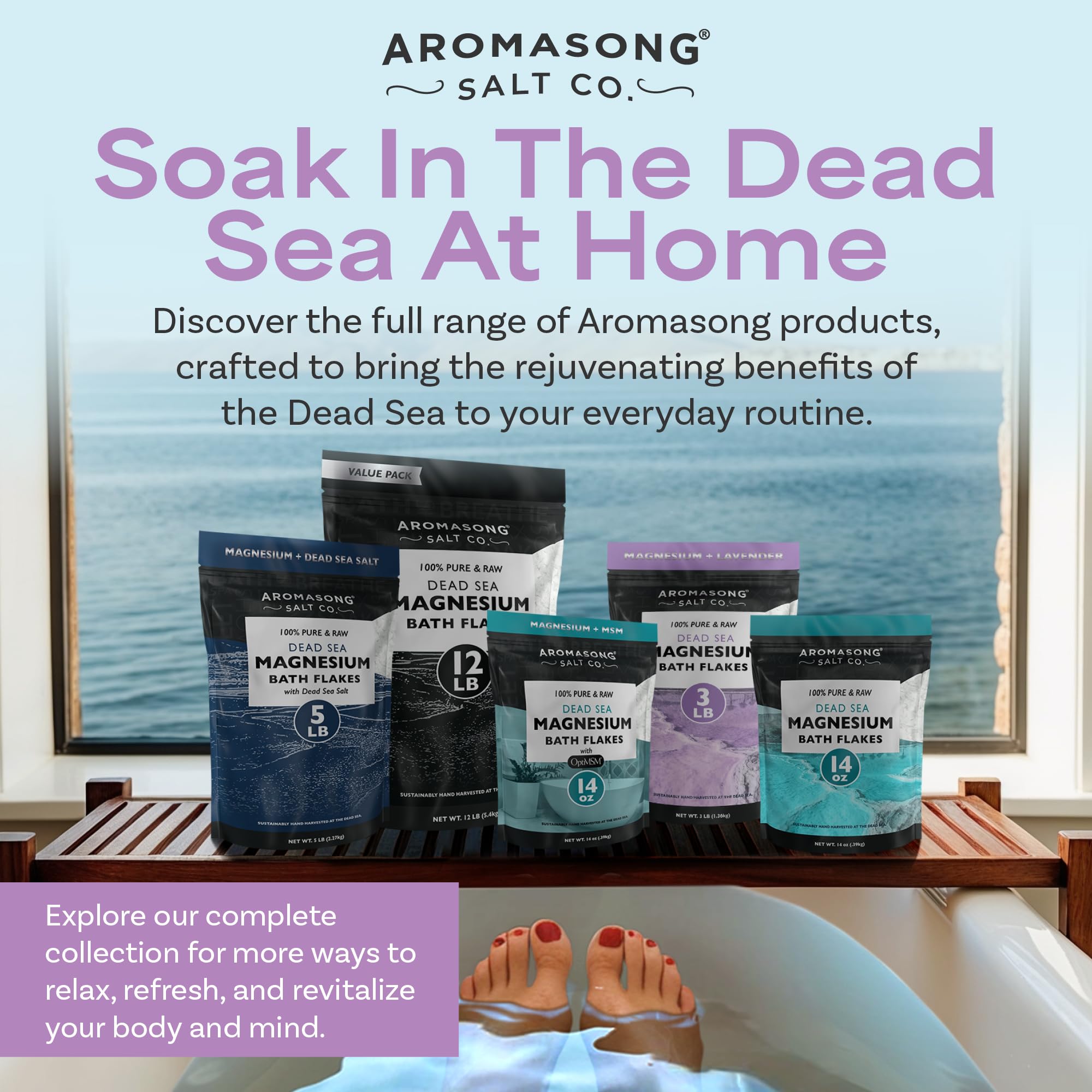 Aromasong RAW Magnesium Bath Flakes with 100% Natural Lavender, 14 Oz. Muscle Relaxing Organic Salts Mg Chloride, Mineral Soak Salt.