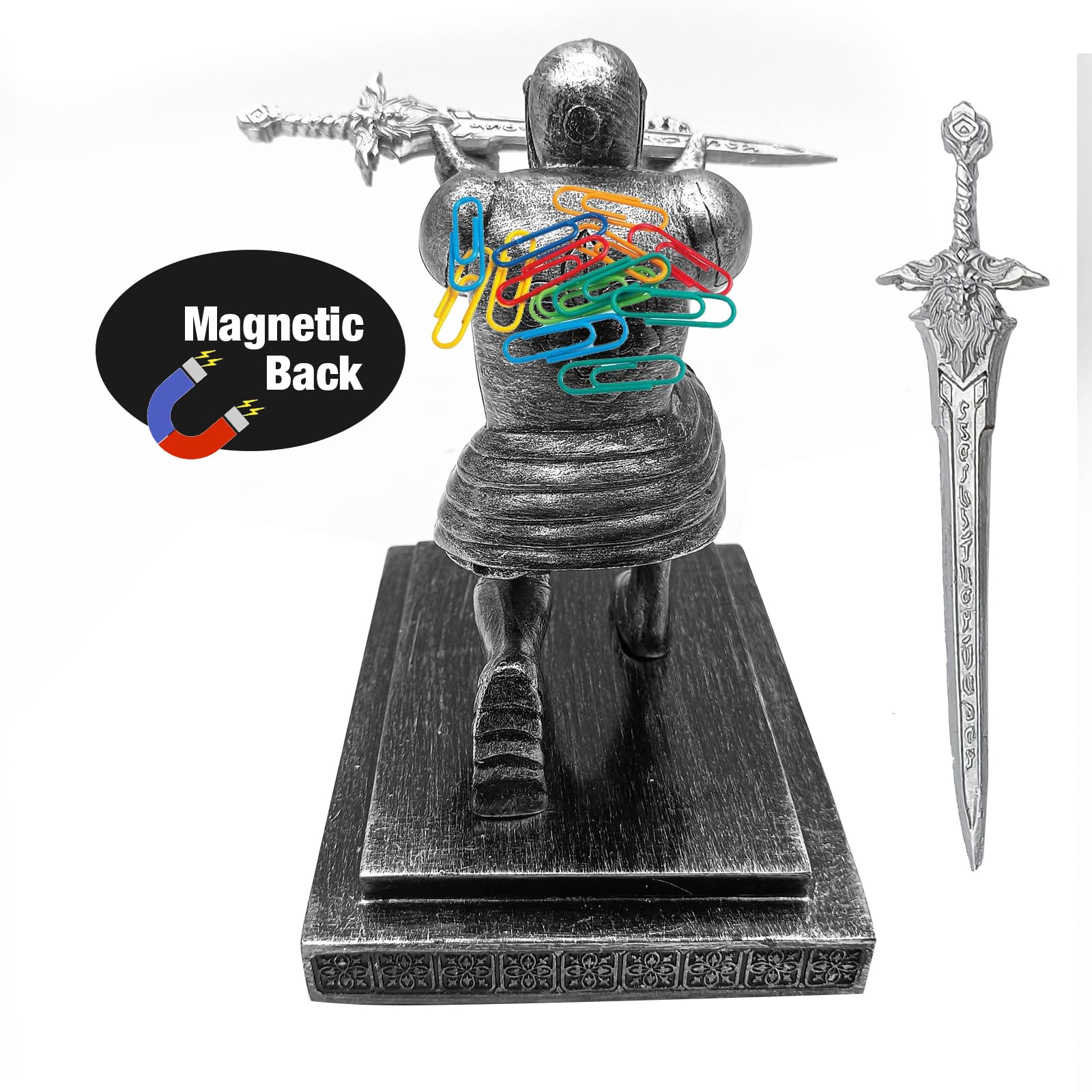 Hoypeyfiy Knight Pen Holder,Knights Pen Stand with Magnet Sword,Executive Pen Stand,Resin Soldier Pen Holder for Office,Home,Desk Decor,Holiday Present (Silver)