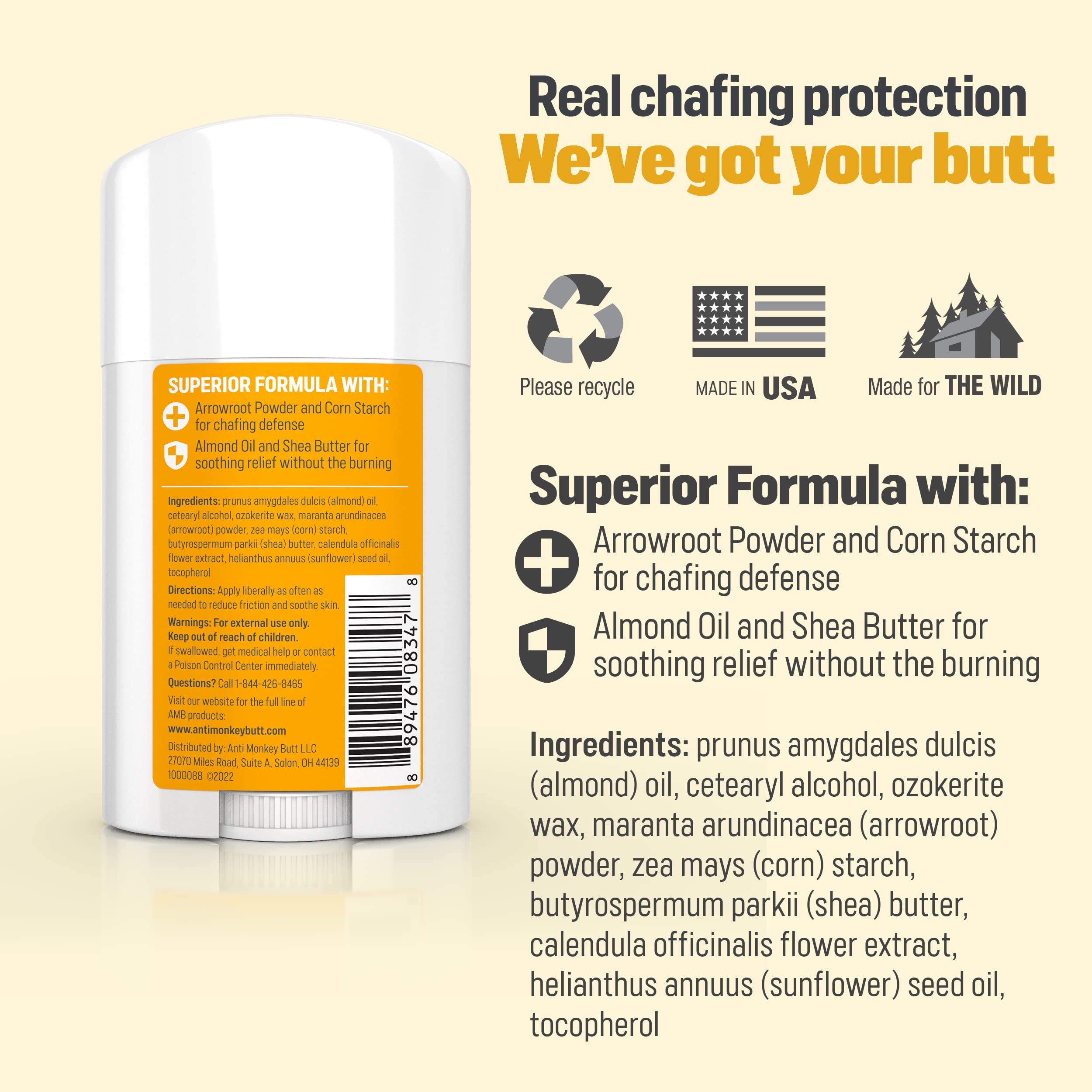 Anti Monkey Butt Anti Chafing Stick, Easy Application to Prevent and Reduce Body, Thigh, Chest Chafe, Rubbing & Irritation with Shea Butter and Almond Oil, 1.7oz