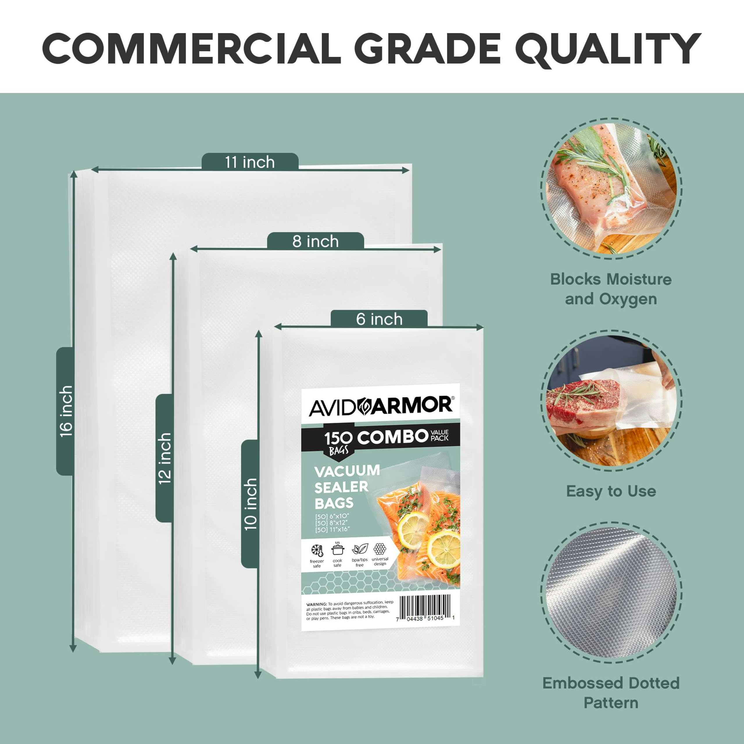 Avid Armor Vacuum Sealer Bags, Vac Seal Bags for Food Storage, Freezing, and Sous Vide Cooking, Non-BPA Freezer Vacuum Sealer Bags, Pint, Quart, and Gallon Sizes Combo Pack, 150 Bags