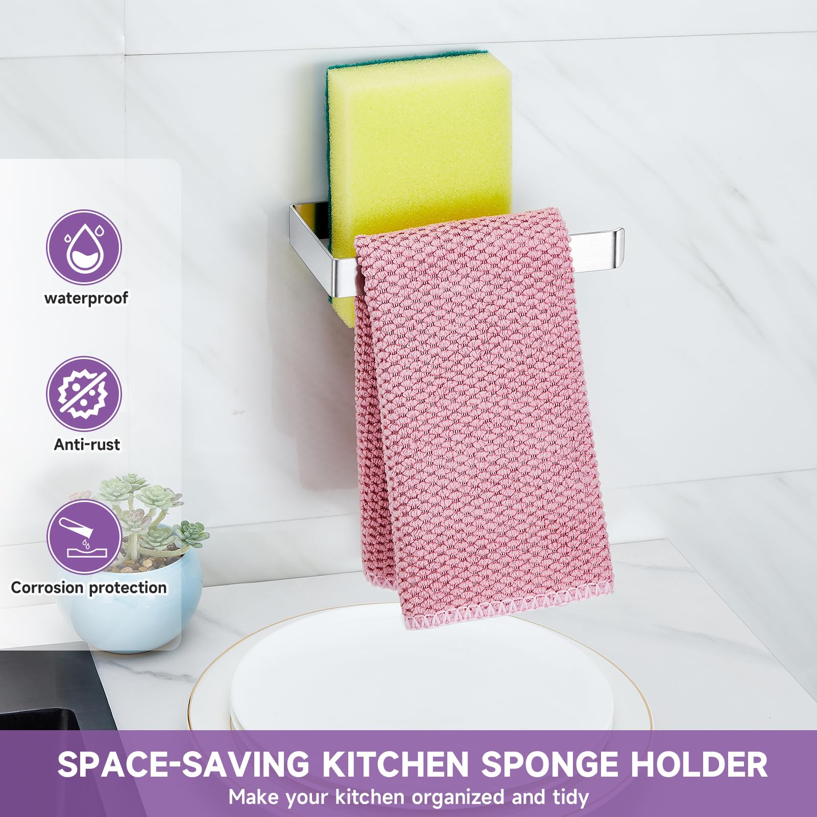 XILIMEN Sink Caddy Sponge Holder for Kitchen Sink Dish Cloth Hanger, Stainless Steel Sink Caddy Organizer Rack, 2-in-1 Adhesive Kitchen Sink Caddy for Sponge, Dish Cloth, Brush, Scrubber, Soap