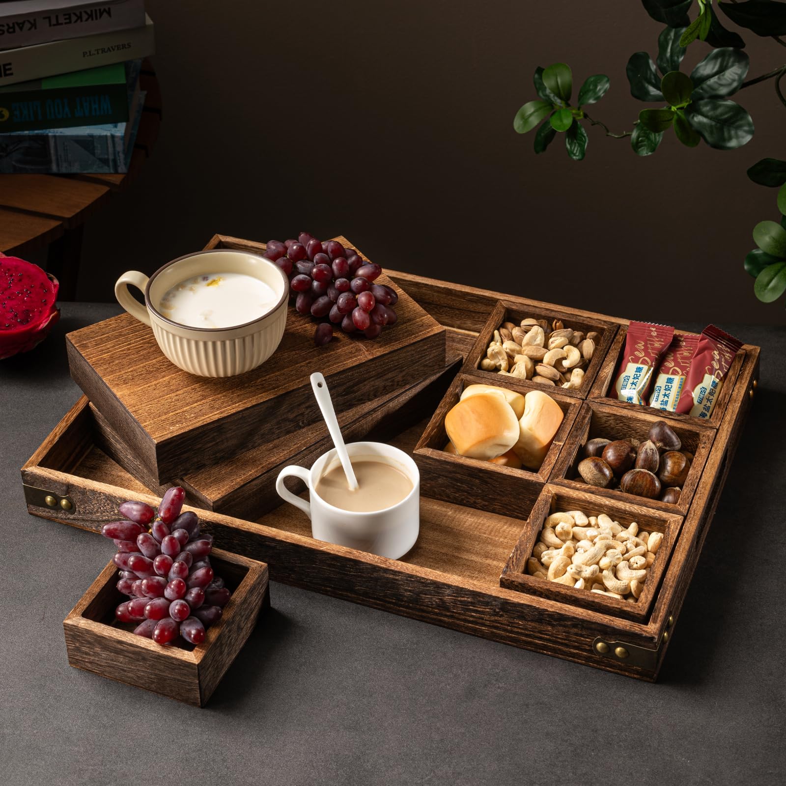 BSTNASI Wooden Serving Tray with Handle, Ottoman Tray for Living Room, Coffee Table Tray, Charcuterie Boards Large