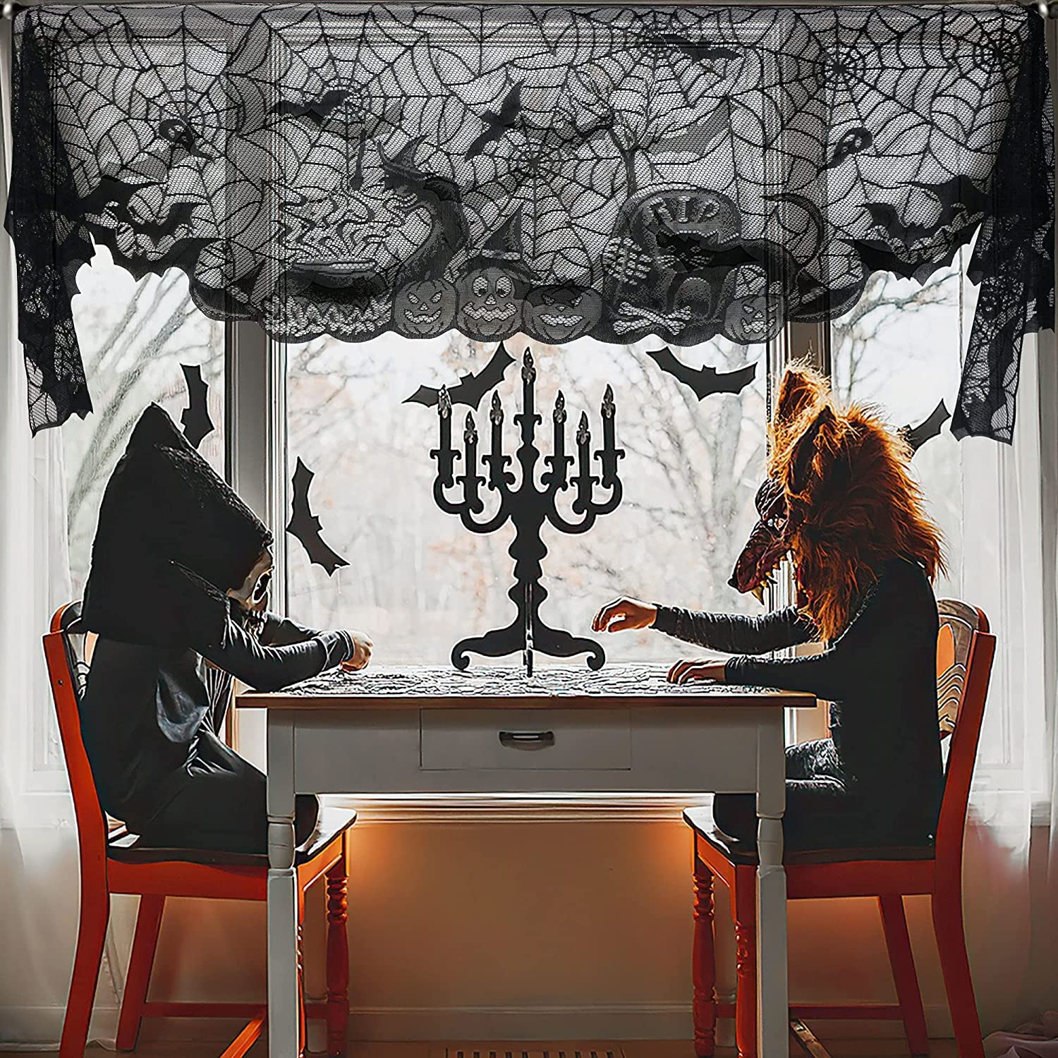 HIPIHOM 7Pcs Halloween Lace Tablecloth Set Spiderweb Fireplace Mantle Scarf Round Table Runner Placemats for Halloween Party Supply