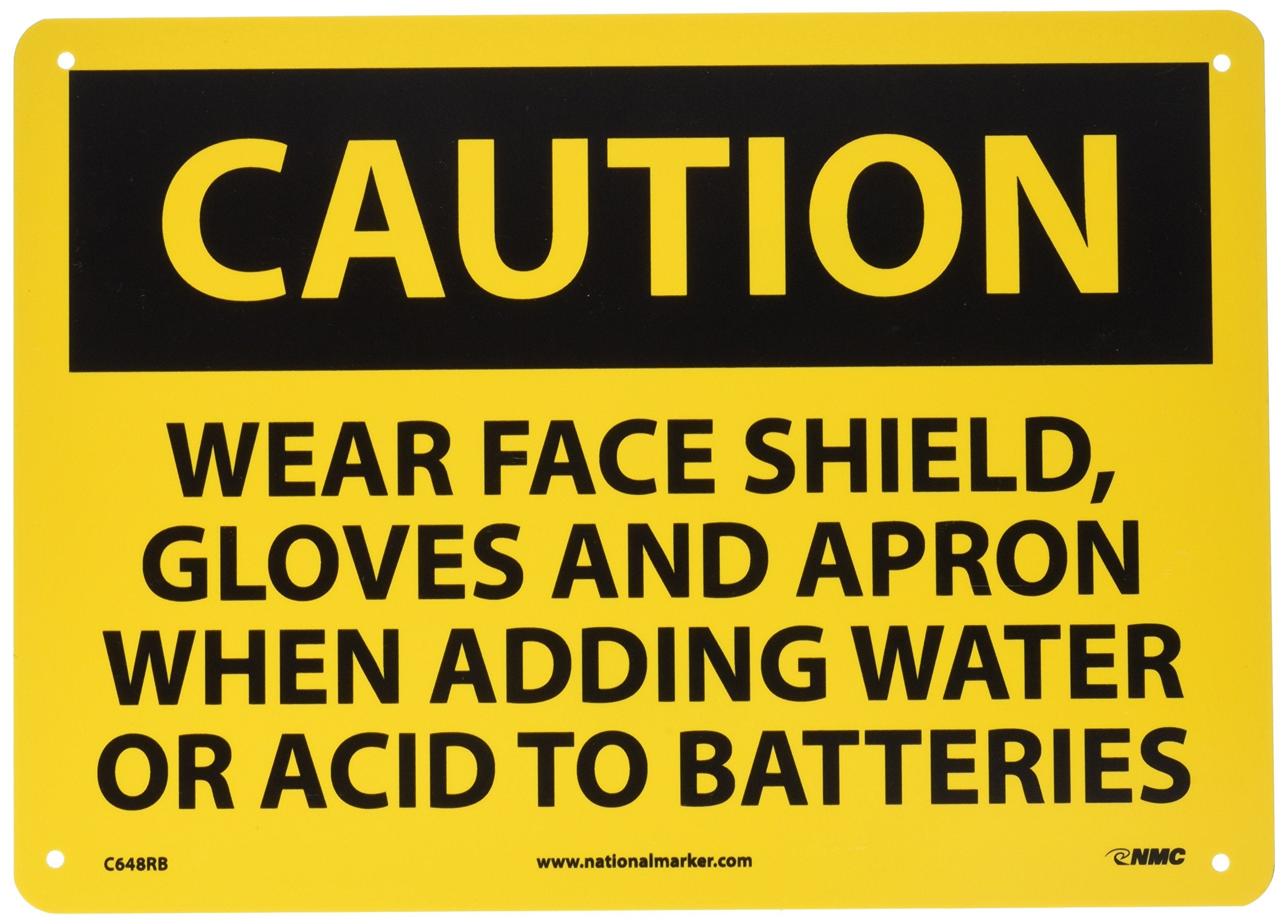 NMC C648RB OSHA Sign, Legend "CAUTION - WEAR FACE SHIELD, GLOVES AND APRON WHEN ADDING WATER OR ACID TO BATTERIES", 14" Length x 10" Height, Rigid Plastic, Black on Yellow