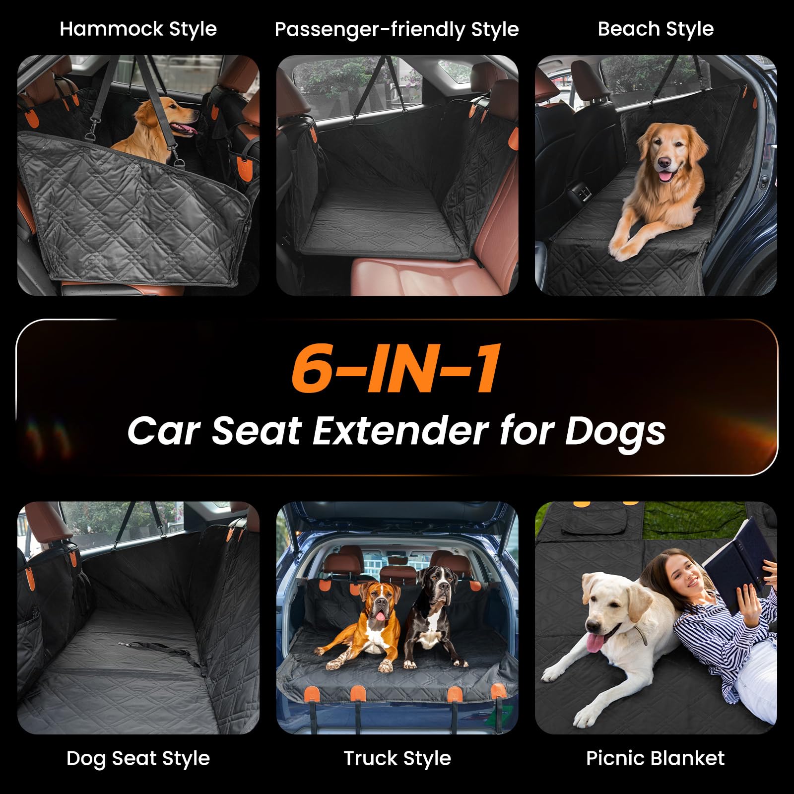 Roilpet Dog Car Back Seat Cover, Pet Car Hammock for Back Seat with Adjustable Belt, Universal Fit for Cars, Trucks, SUV, Back Seat Extender for Dogs, Black