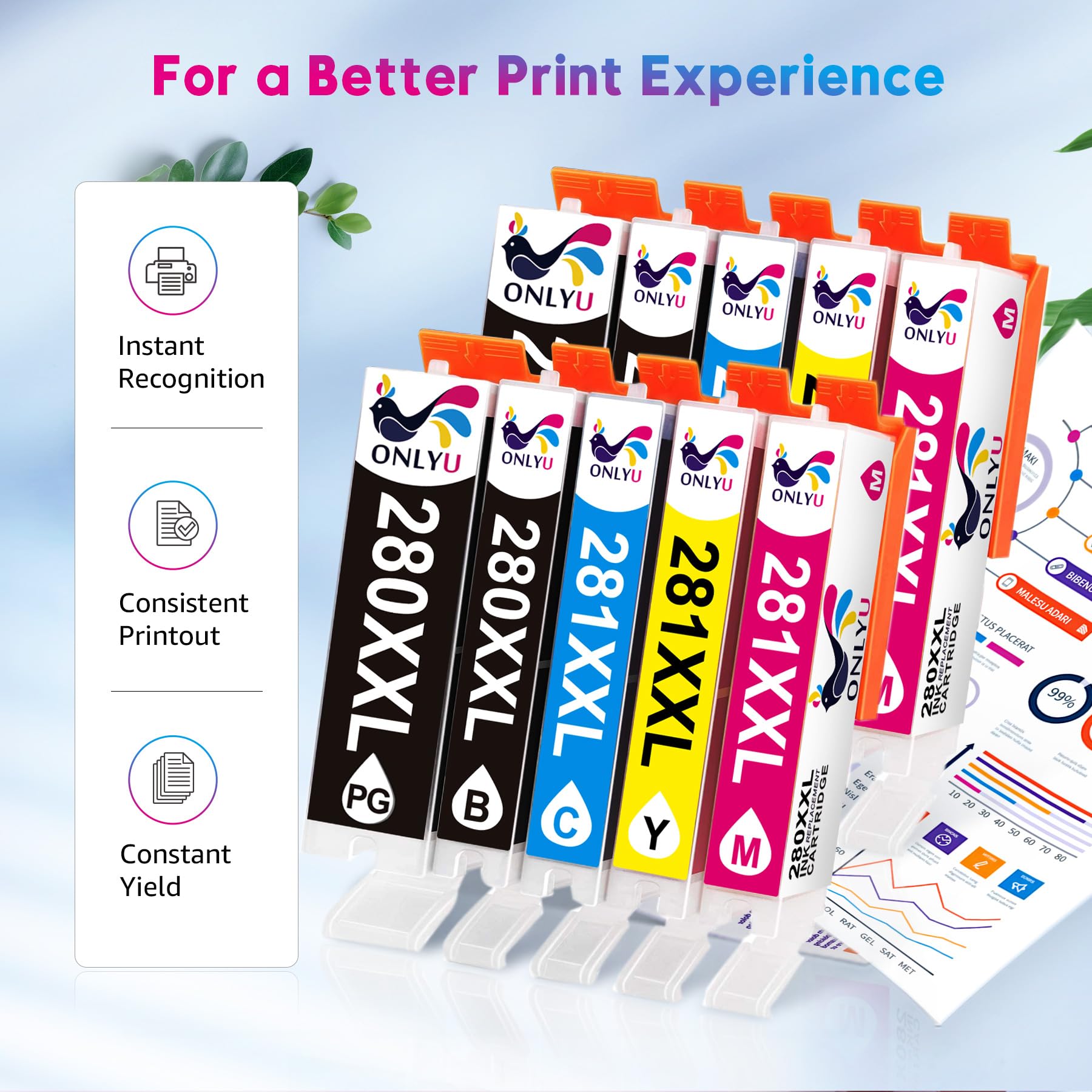 ONLYU Compatible Ink Cartridge Replacement for Canon 280 281 PGI 280 XXL CLI 281 XXL for PIXMA TR8520 TR7520 TS6120 TS6220 TS6320 TS8120 TS8220 TS9120 TS9520 TS9521C TS702 Printer (10 Pack)