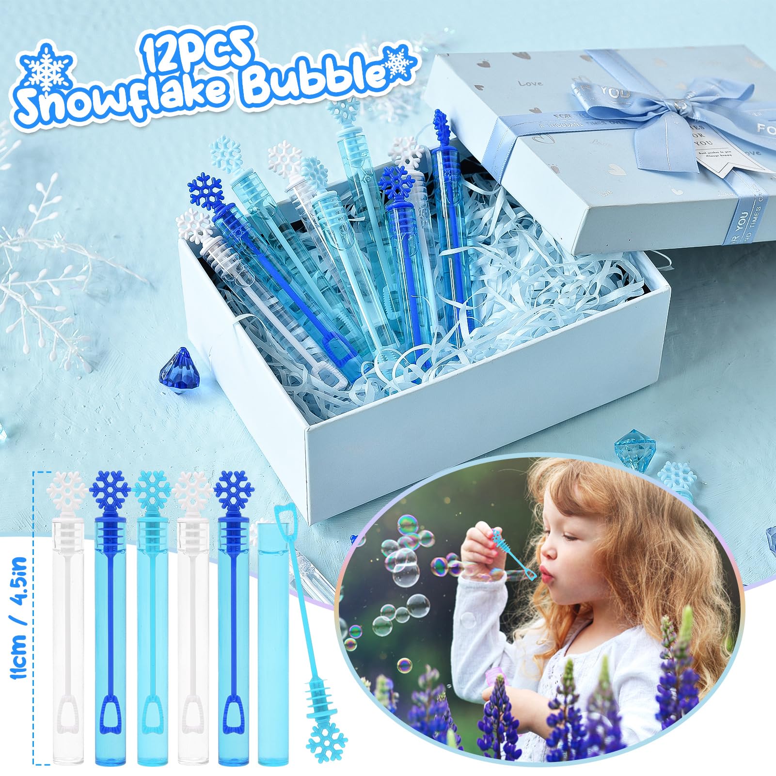 Golray 98pcs Snow Party Favors Birthday Supplies for Girls Kids Snowflake Straw Bubble Wands Sticker Toy Prize Filler Goodie Bag Stuffer Winter Girl Party Favors